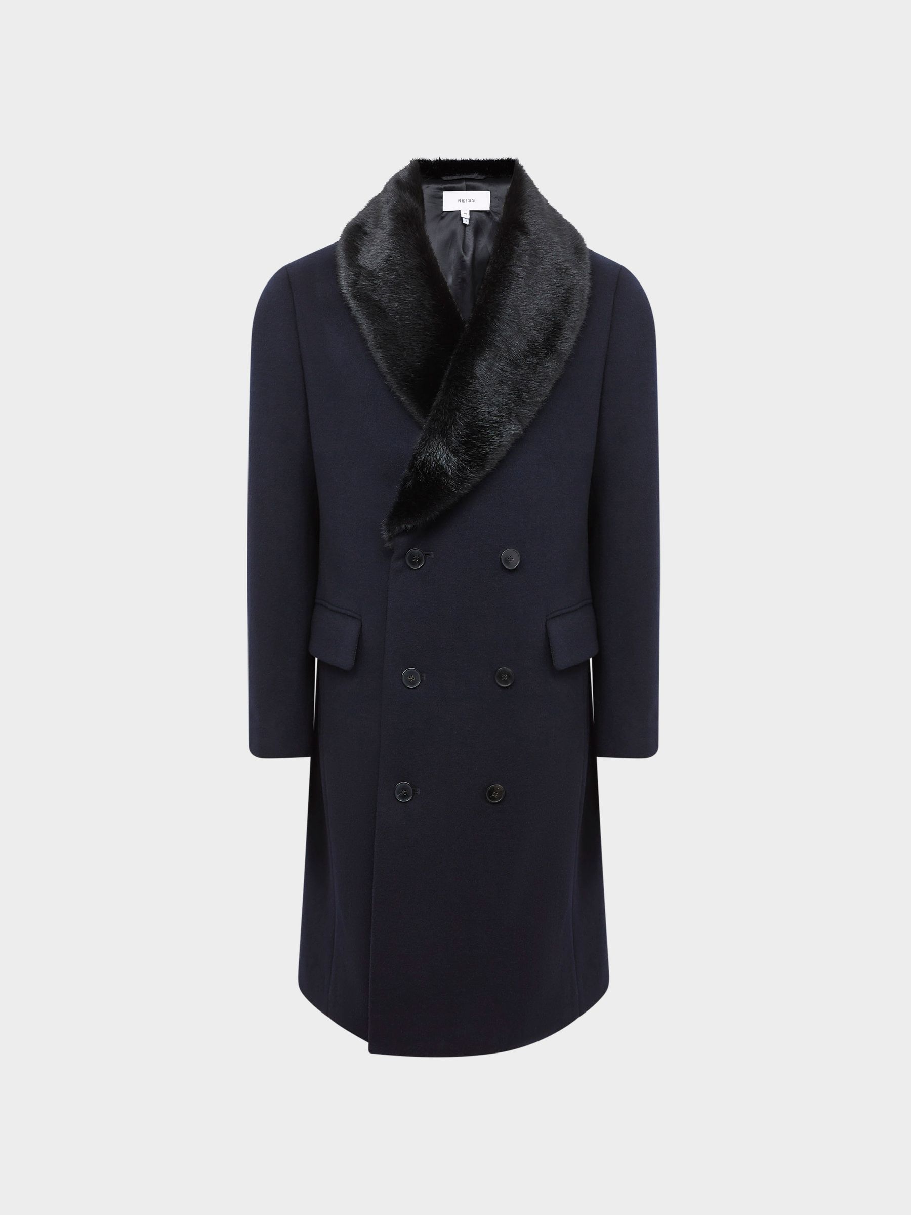 Double Breasted Faux Fur Shawl Collar Dinner Coat in Navy - Image 2 of 7 Double Breasted Faux Fur Shawl Collar Dinner Coat in Navy - Image 2 of 7