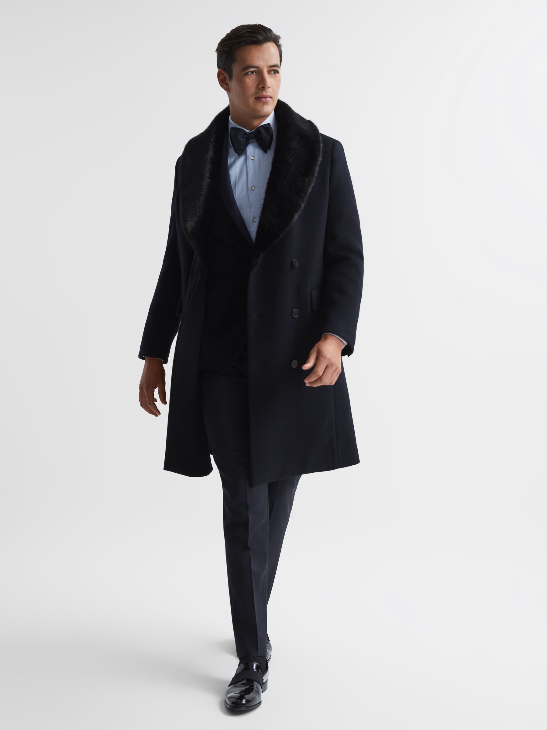 Double Breasted Faux Fur Shawl Collar Dinner Coat in Navy - Image 3 of 7