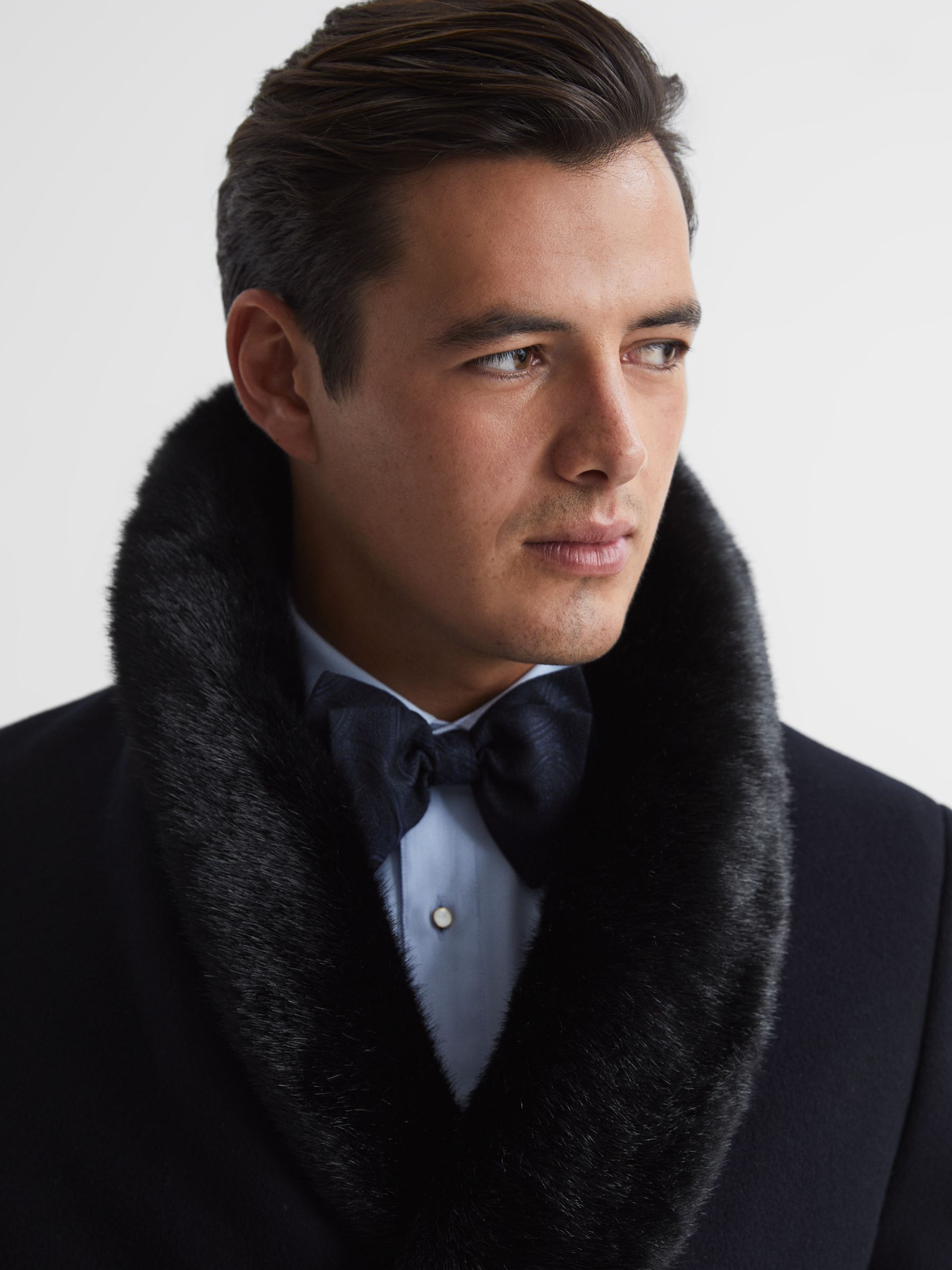 Double Breasted Faux Fur Shawl Collar Dinner Coat in Navy - Image 4 of 7