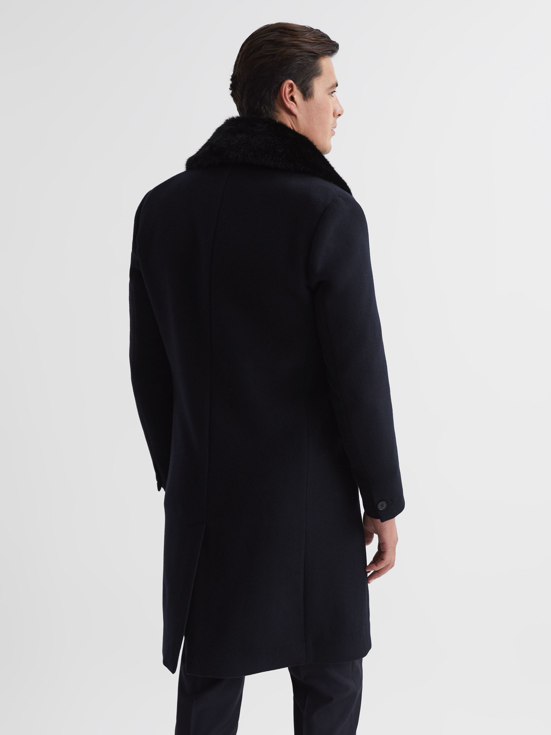 Double Breasted Faux Fur Shawl Collar Dinner Coat in Navy - Image 5 of 7