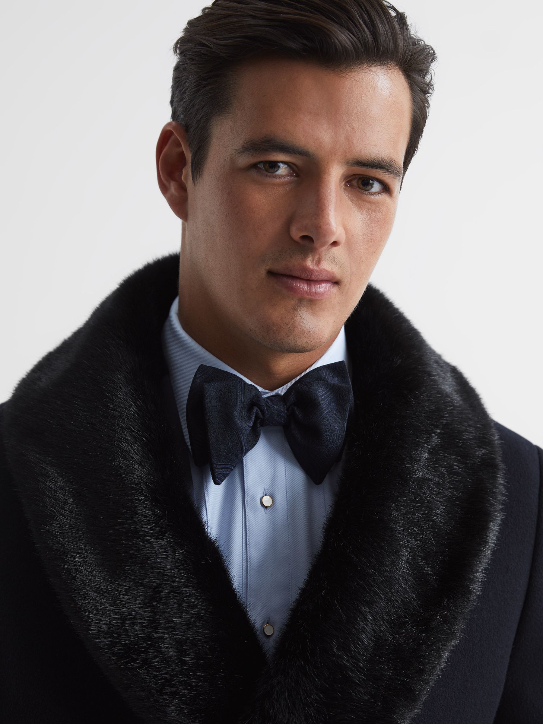 Double Breasted Faux Fur Shawl Collar Dinner Coat in Navy - Image 6 of 7