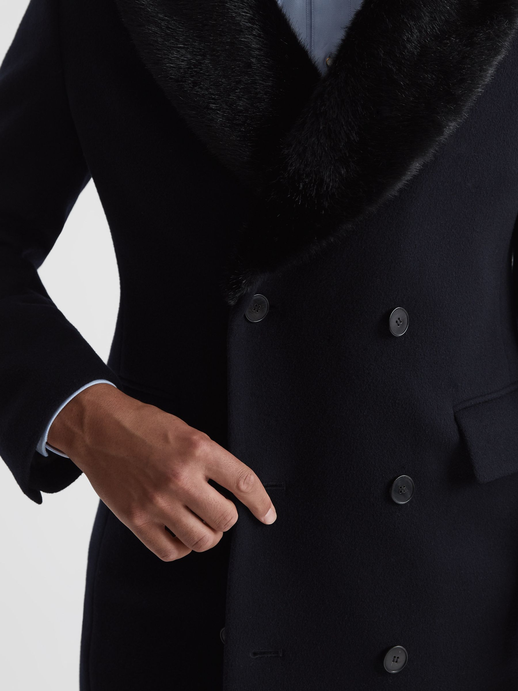 Double Breasted Faux Fur Shawl Collar Dinner Coat in Navy - Image 7 of 7
