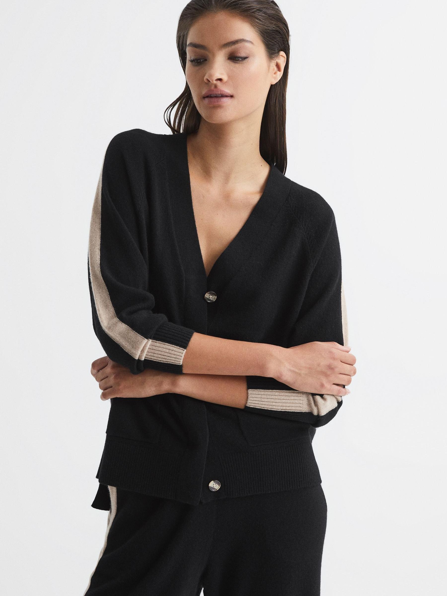 Side-Stripe Cashmere Cardigan in Black/Camel - Image 1 of 7