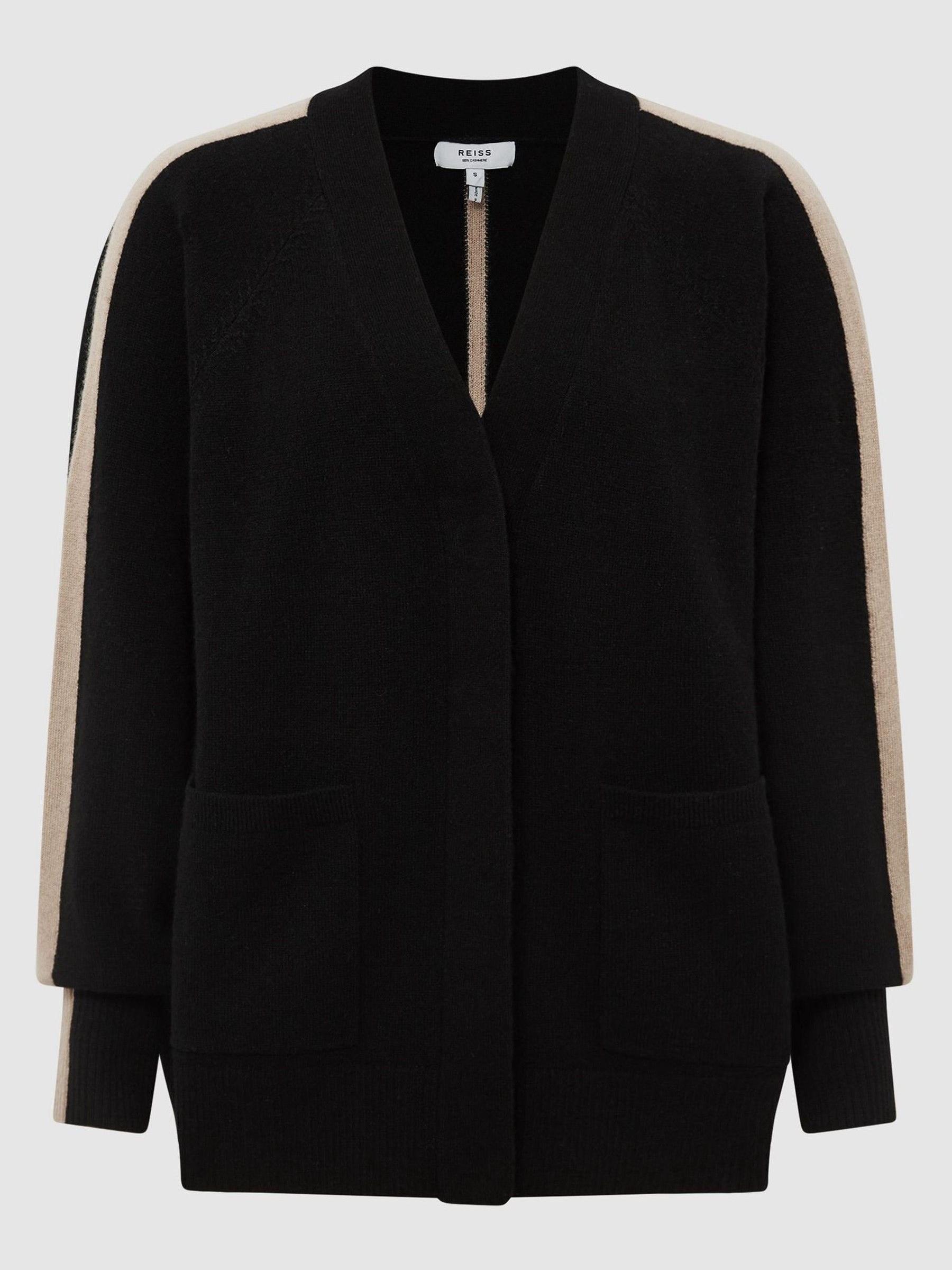 Side-Stripe Cashmere Cardigan in Black/Camel - Image 2 of 7