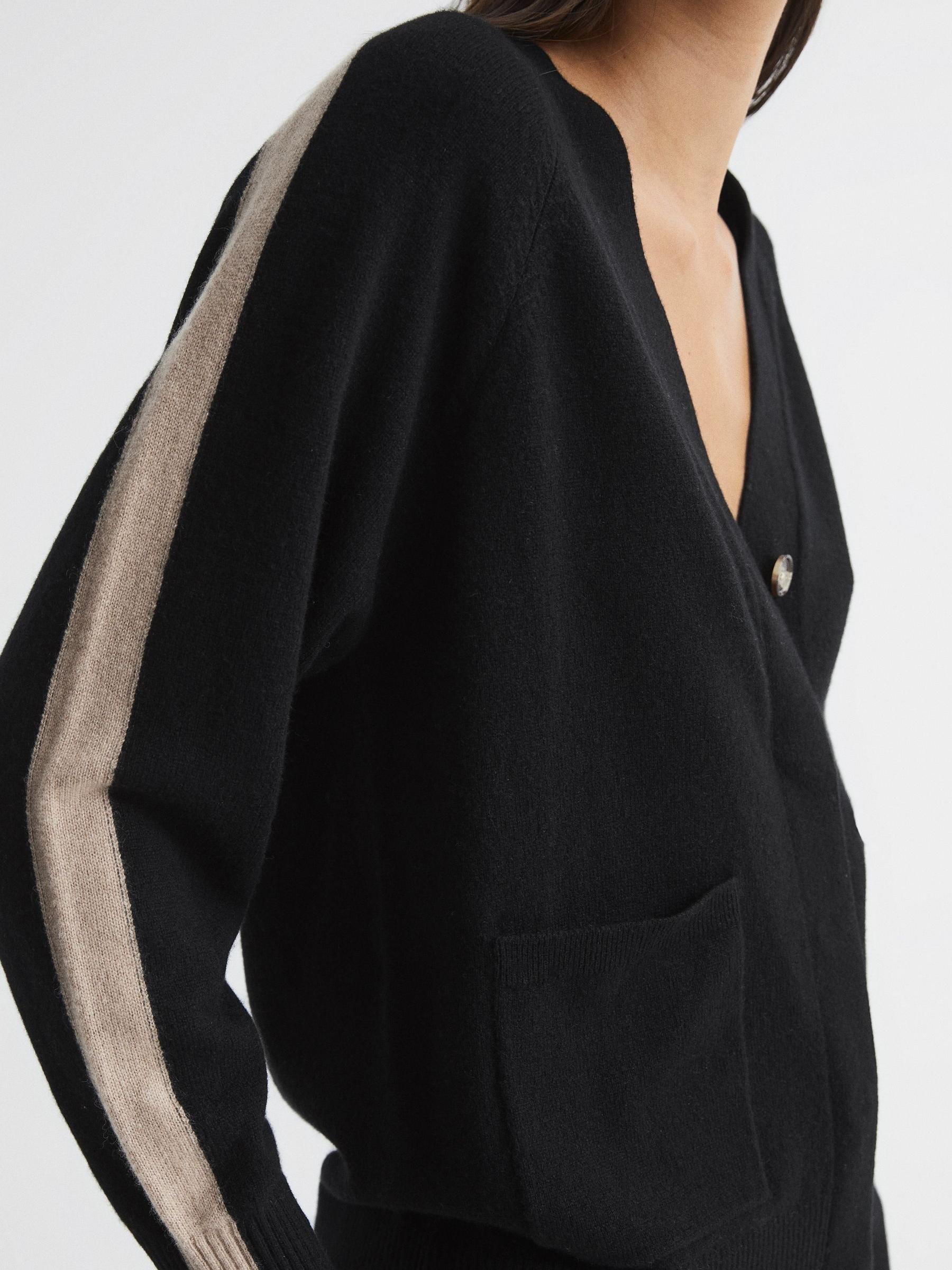 Side-Stripe Cashmere Cardigan in Black/Camel - Image 4 of 7