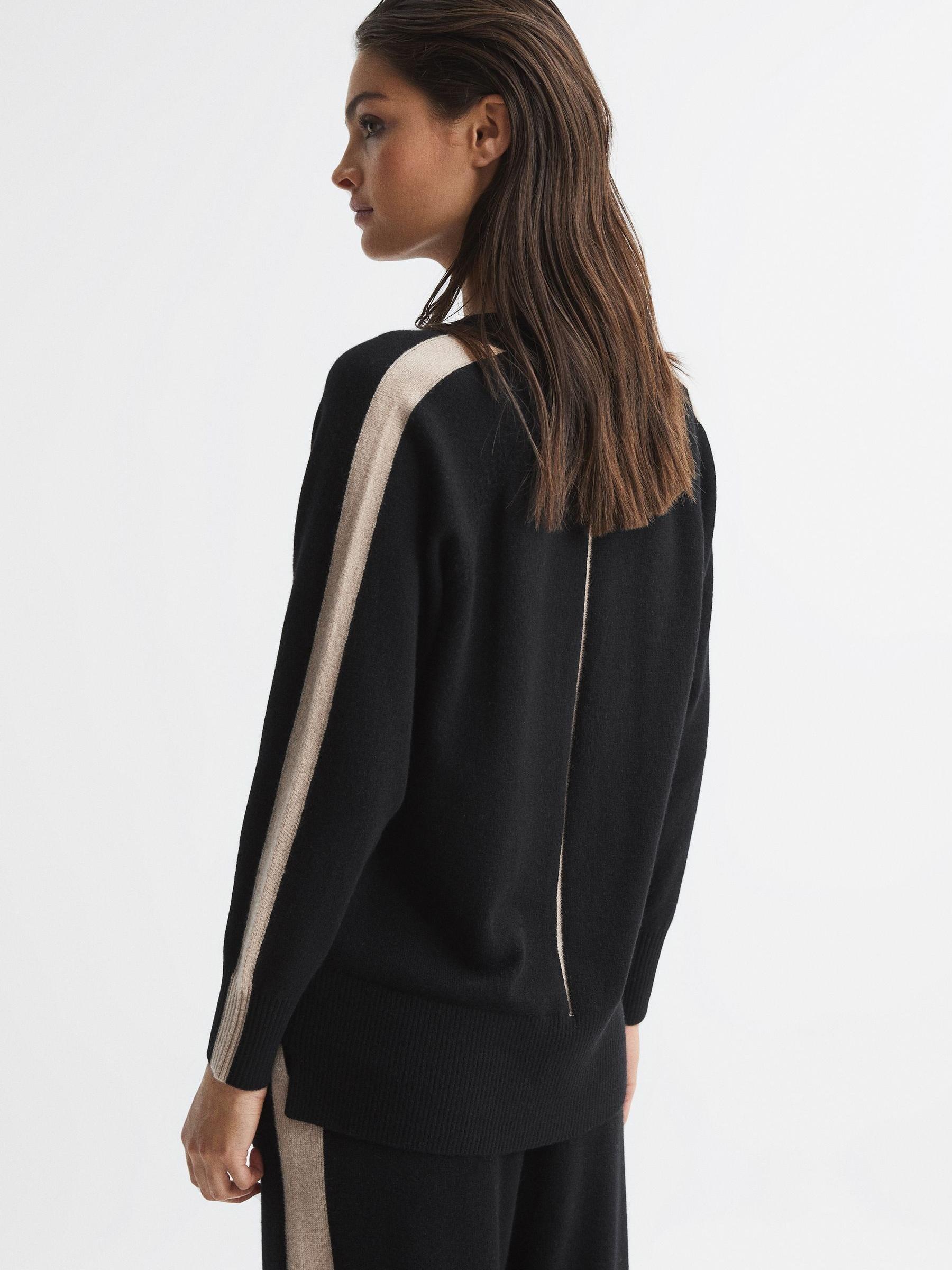Side-Stripe Cashmere Cardigan in Black/Camel - Image 5 of 7