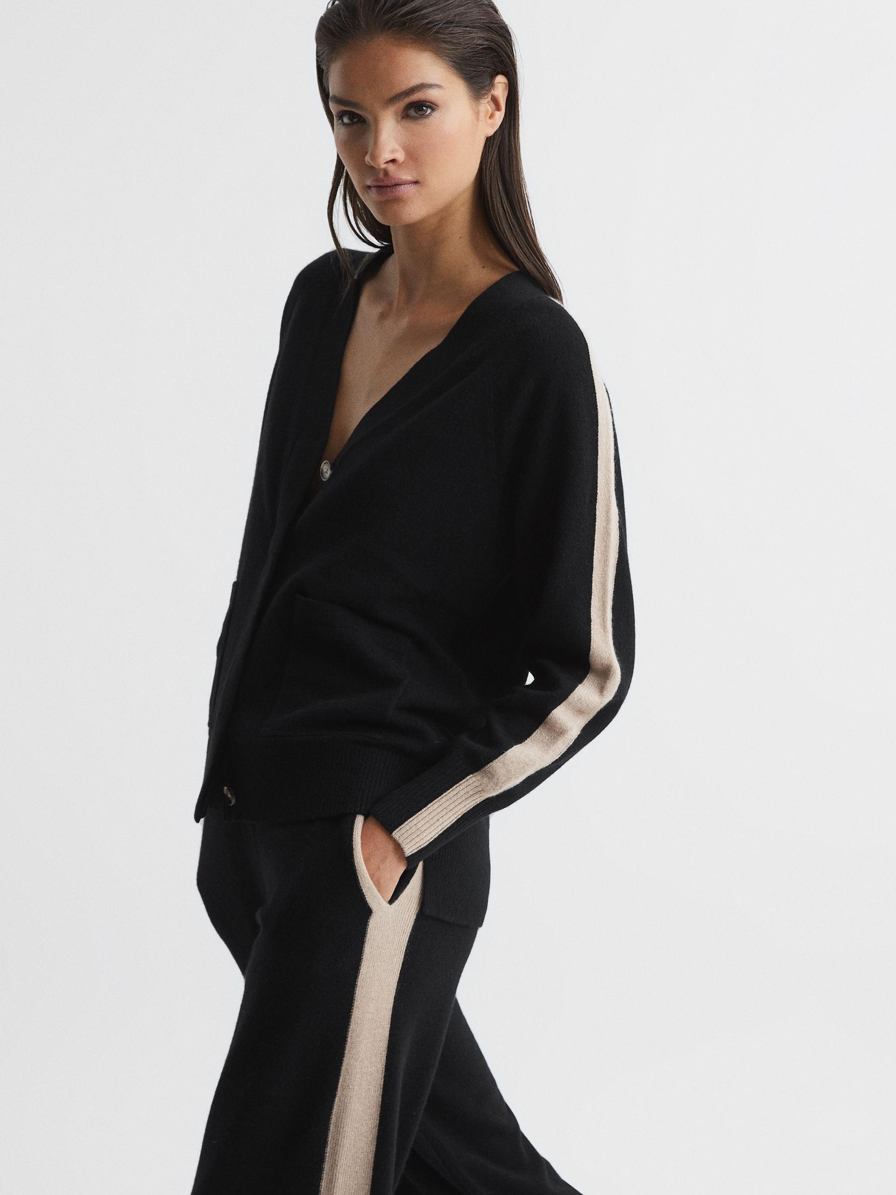 Side-Stripe Cashmere Cardigan in Black/Camel - Image 6 of 7