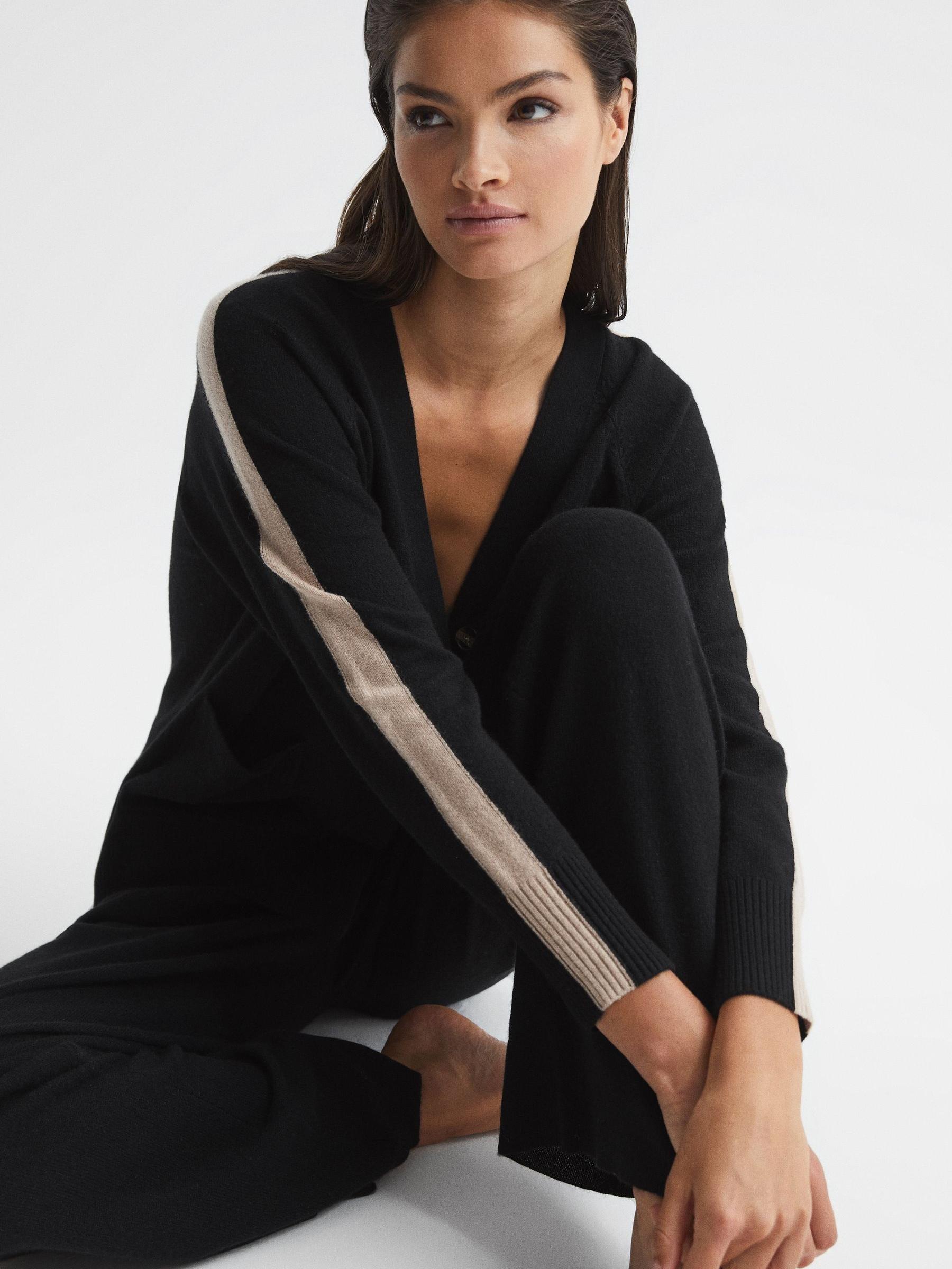 Side-Stripe Cashmere Cardigan in Black/Camel - Image 7 of 7