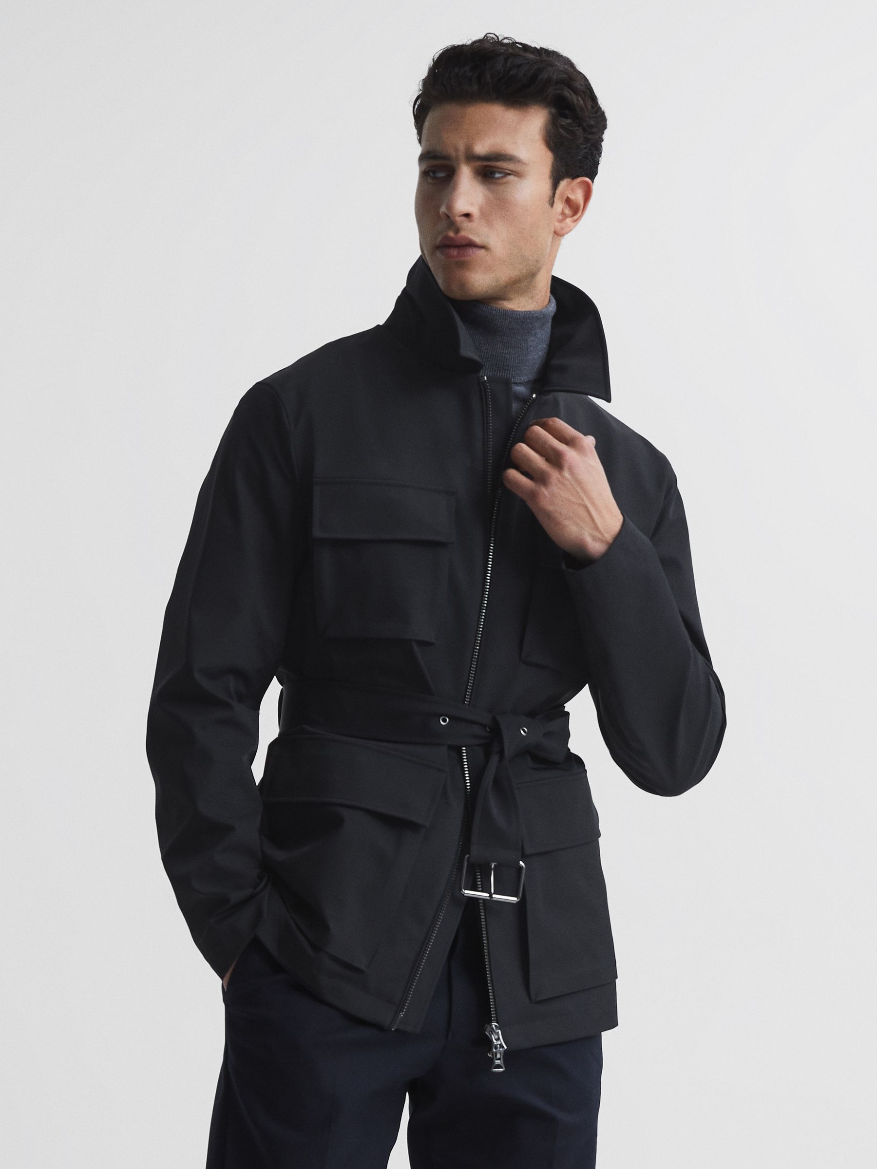 Zip Through Belted Jacket in Navy - Image 1 of 7