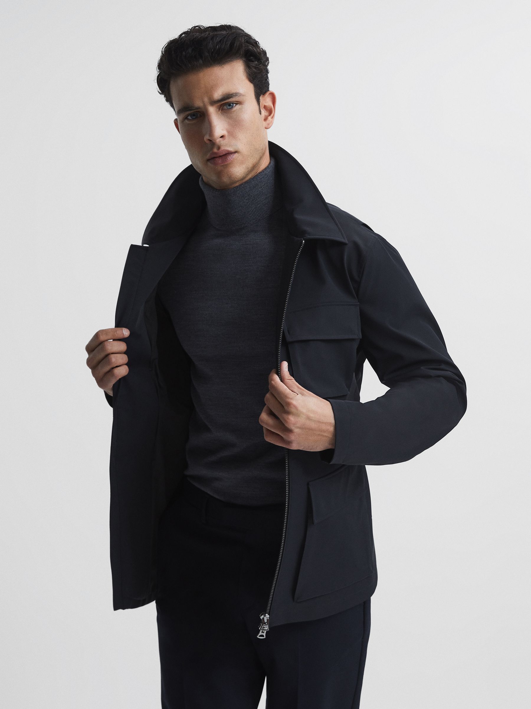 Reiss Zip Through Belted Jacket in Navy - REISS