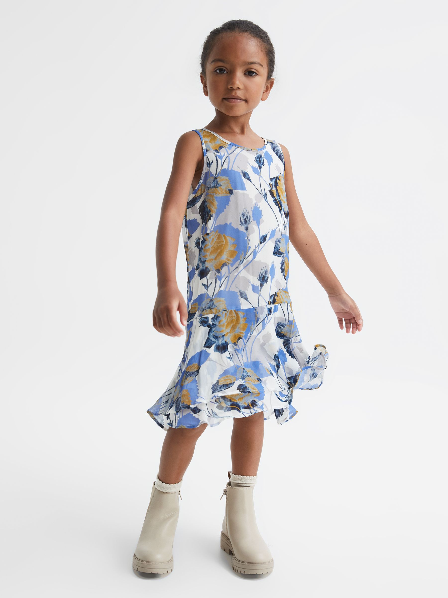 Senior Printed Dress With Crew Neck Jumper in Blue Print - Image 3 of 7