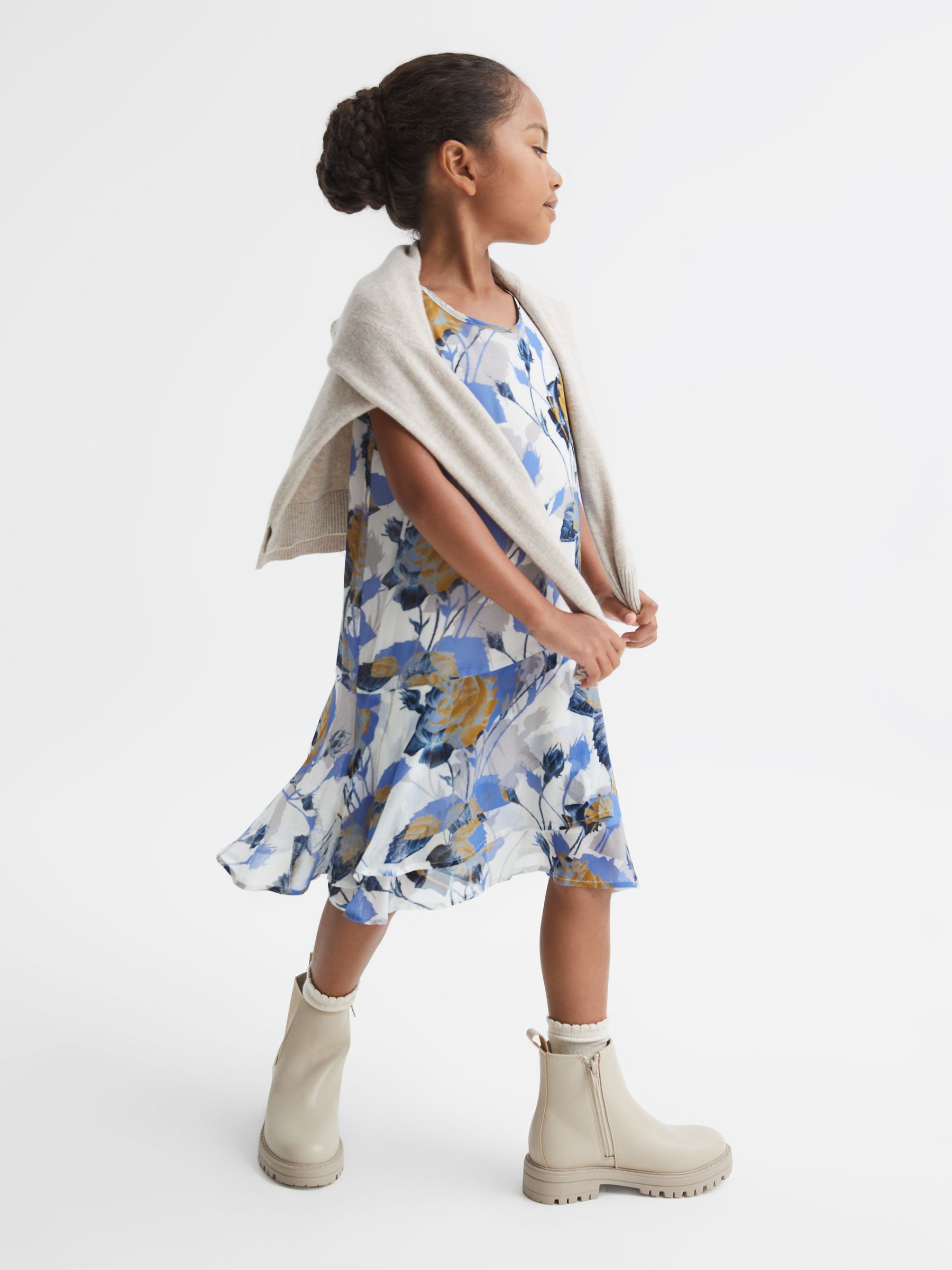 Senior Printed Dress With Crew Neck Jumper in Blue Print - Image 6 of 7