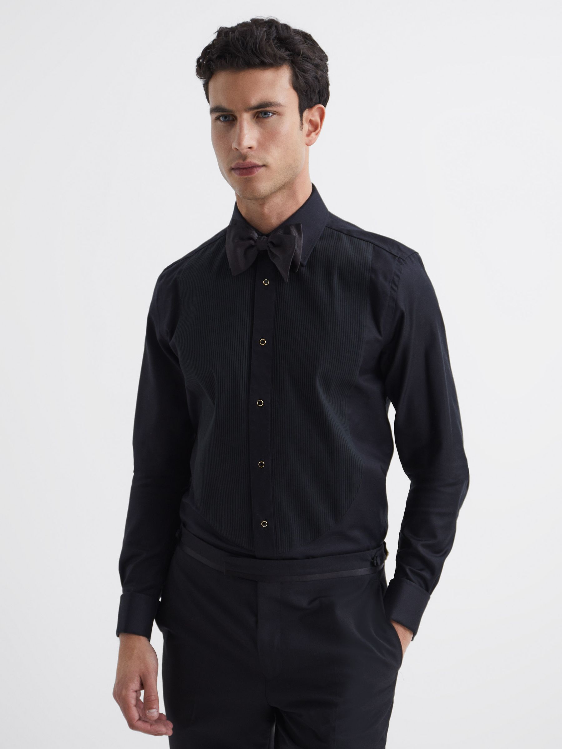 Pleated Bib Slim Fit Double Cuff Dinner Shirt in Black - Image 1 of 7 Pleated Bib Slim Fit Double Cuff Dinner Shirt in Black - Image 1 of 7