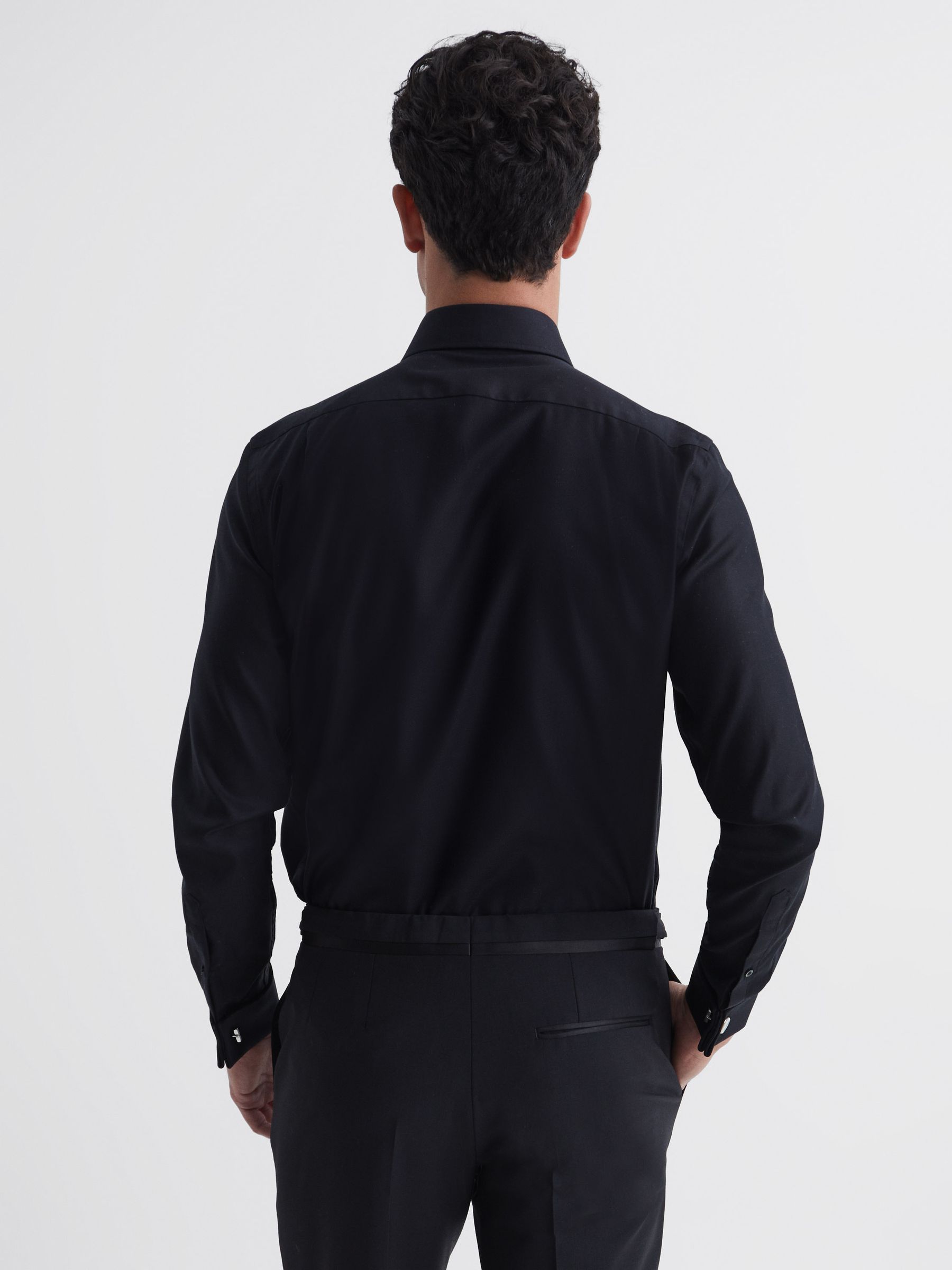 Pleated Bib Slim Fit Double Cuff Dinner Shirt in Black - Image 5 of 7