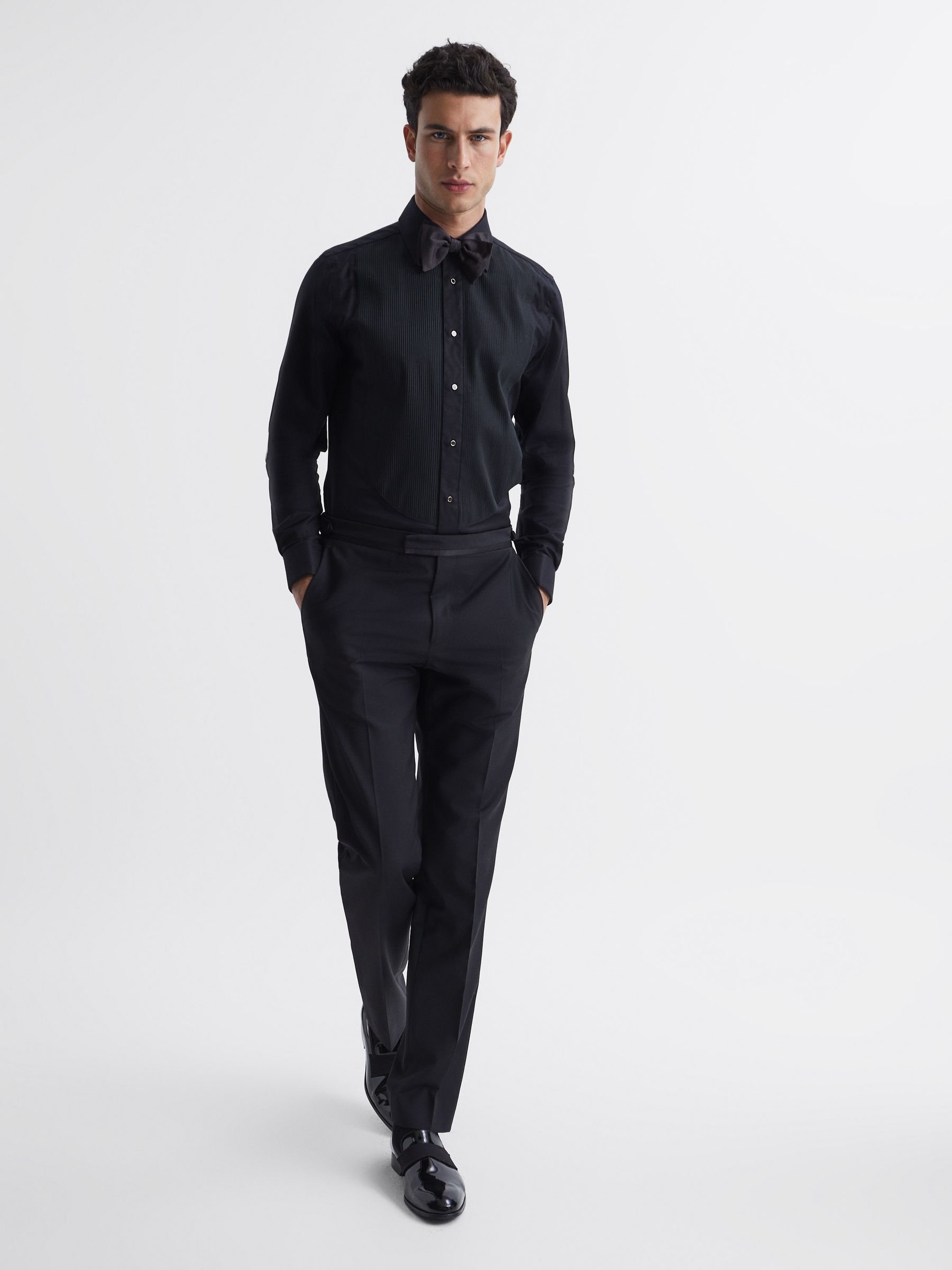 Pleated Bib Slim Fit Double Cuff Dinner Shirt in Black - Image 6 of 7