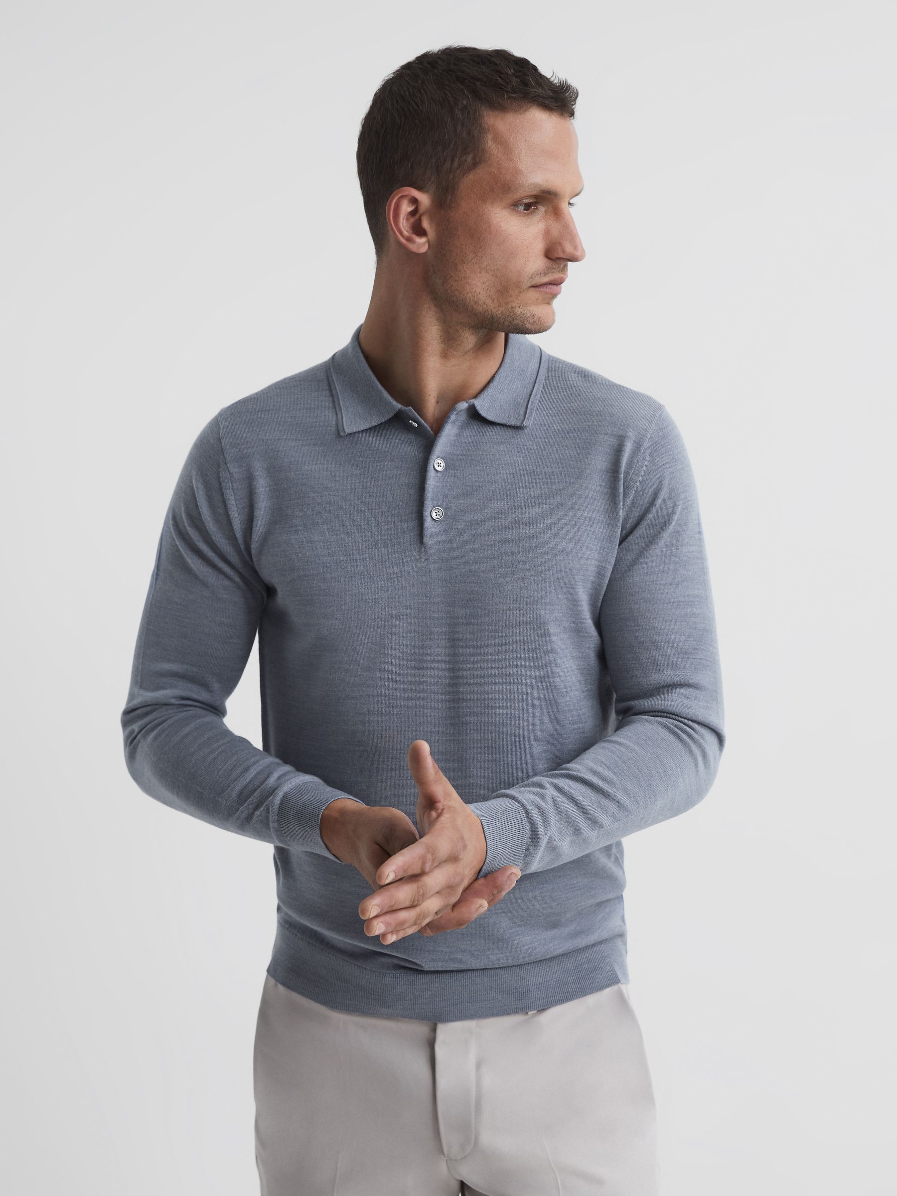 Merino Wool Polo Shirt in Denim Melange - Image 1 of 6 Merino Wool Polo Shirt in Denim Melange - Image 1 of 6