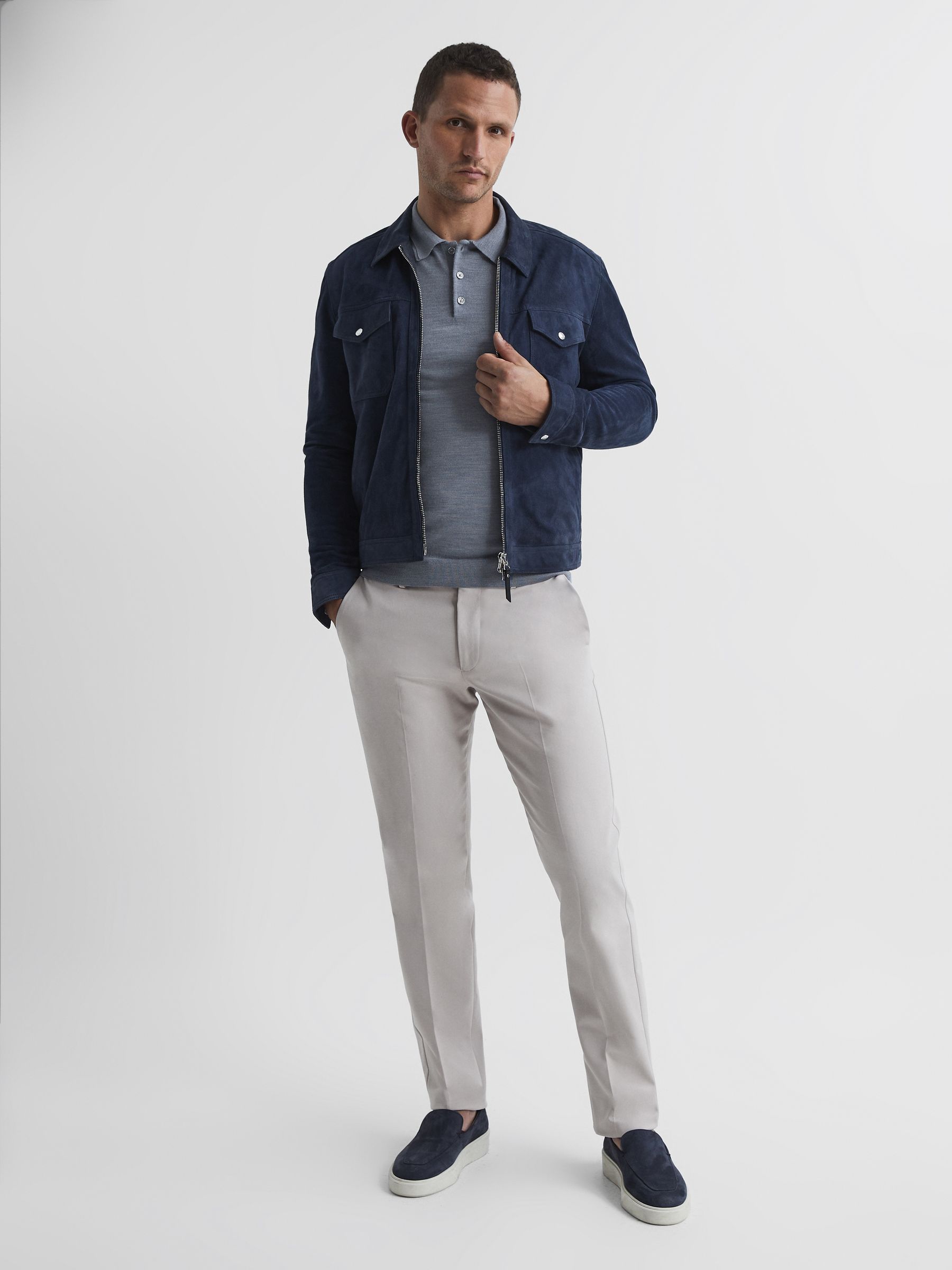 Merino Wool Polo Shirt in Denim Melange - Image 3 of 6