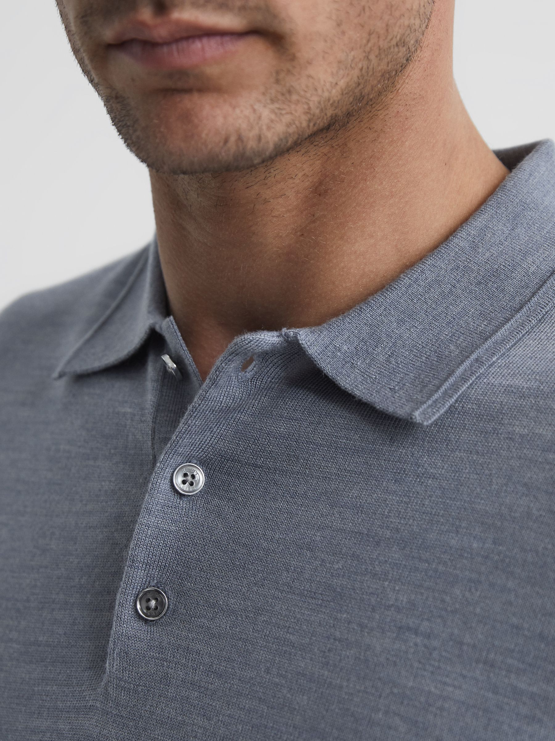 Merino Wool Polo Shirt in Denim Melange - Image 4 of 6