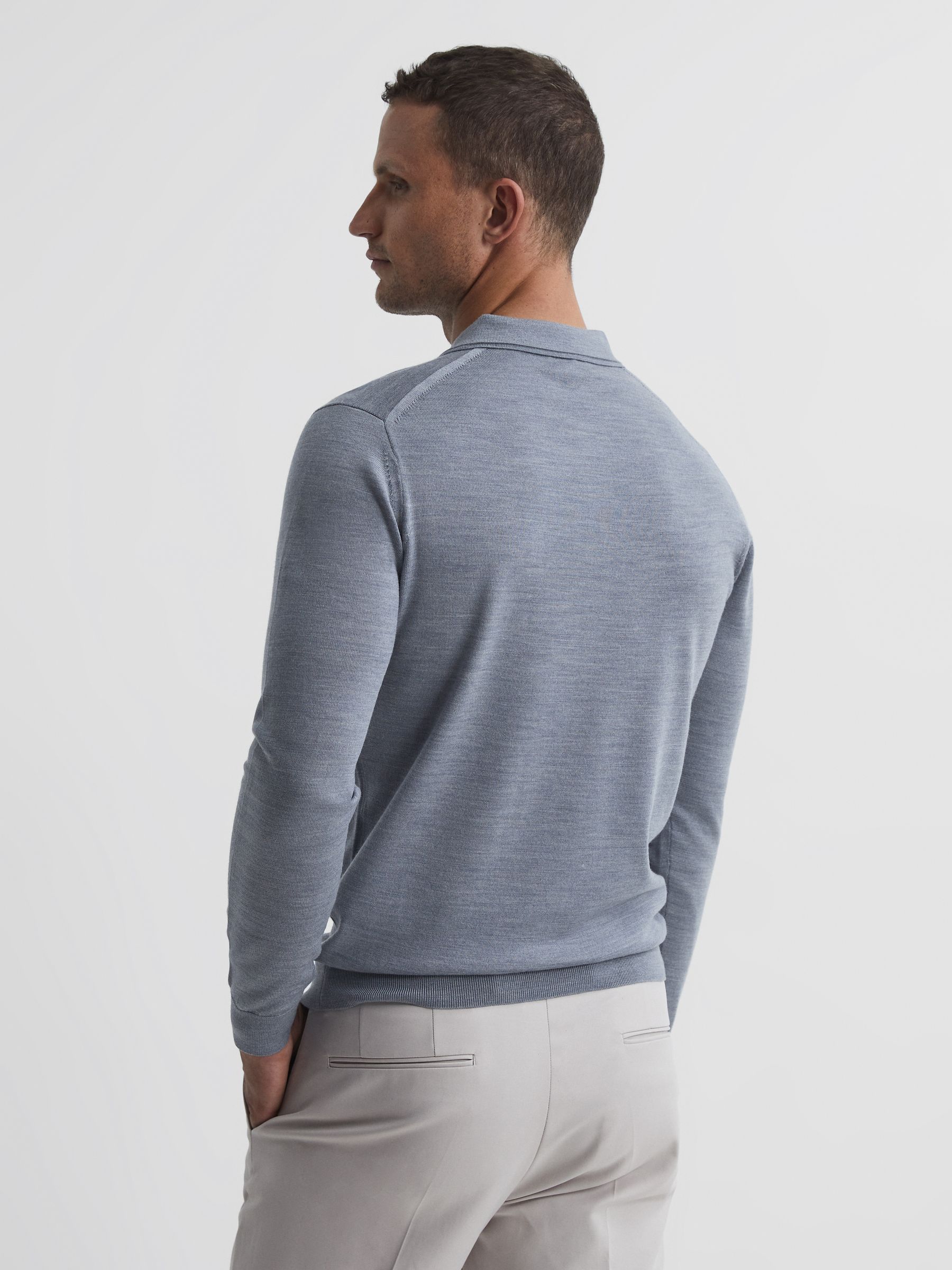 Merino Wool Polo Shirt in Denim Melange - Image 5 of 6