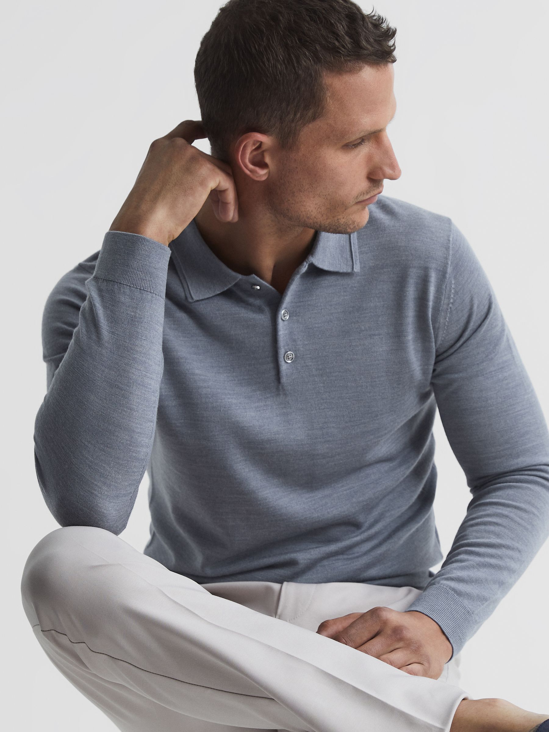 Merino Wool Polo Shirt in Denim Melange - Image 6 of 6