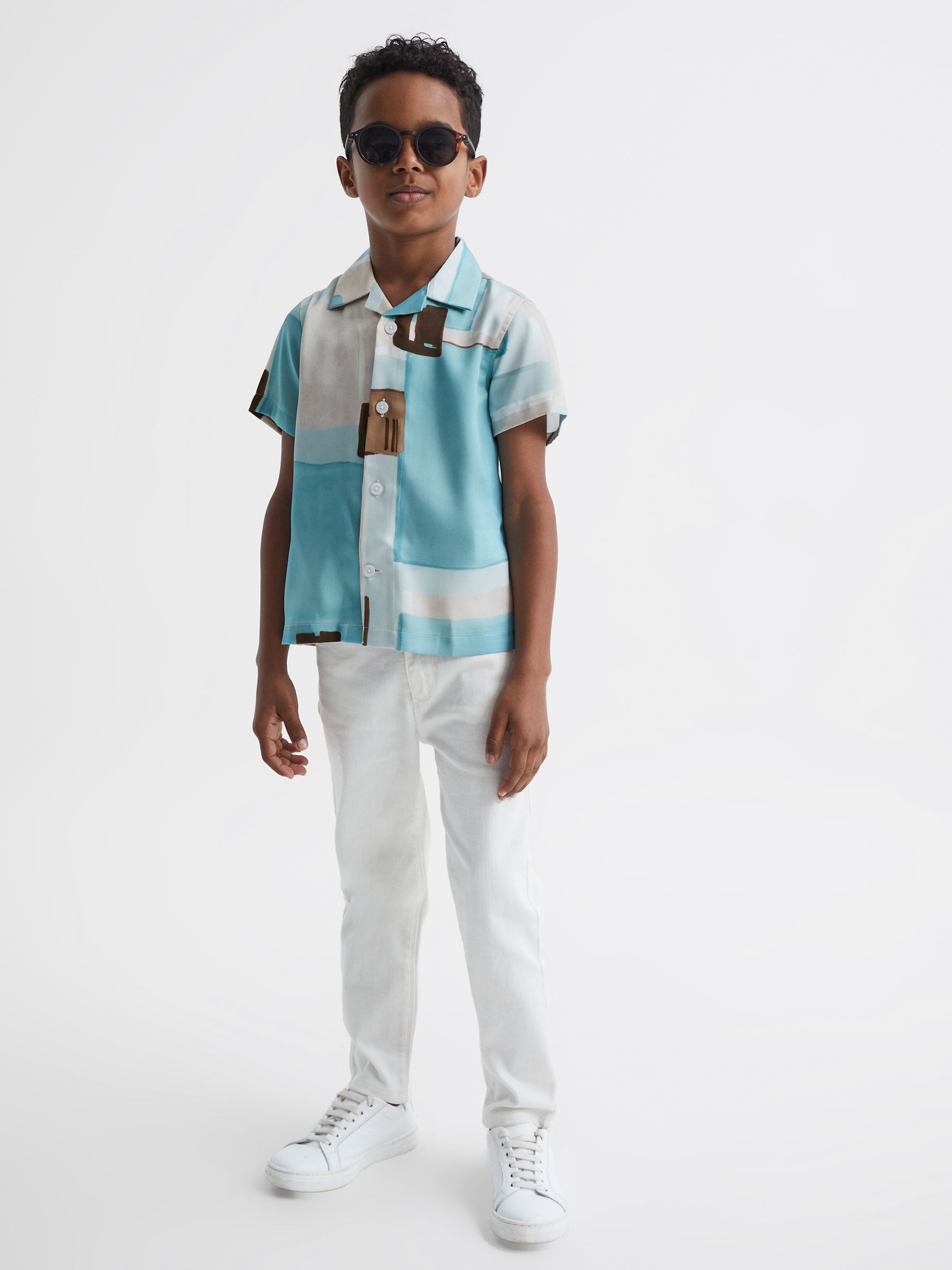 9-12 yrs Slim Fit Cuban Collar Abstract Print Shirt in Teal - Image 1 of 6