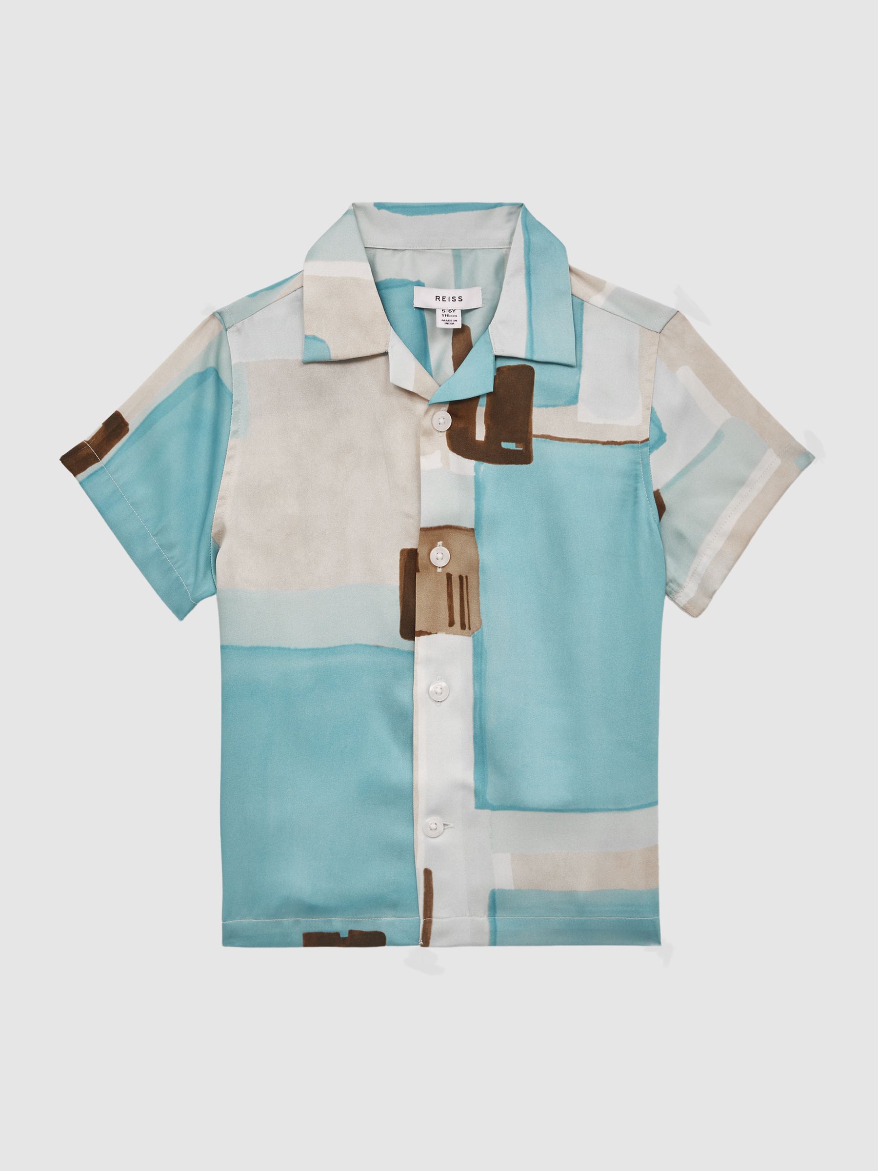 9-12 yrs Slim Fit Cuban Collar Abstract Print Shirt in Teal - Image 2 of 6