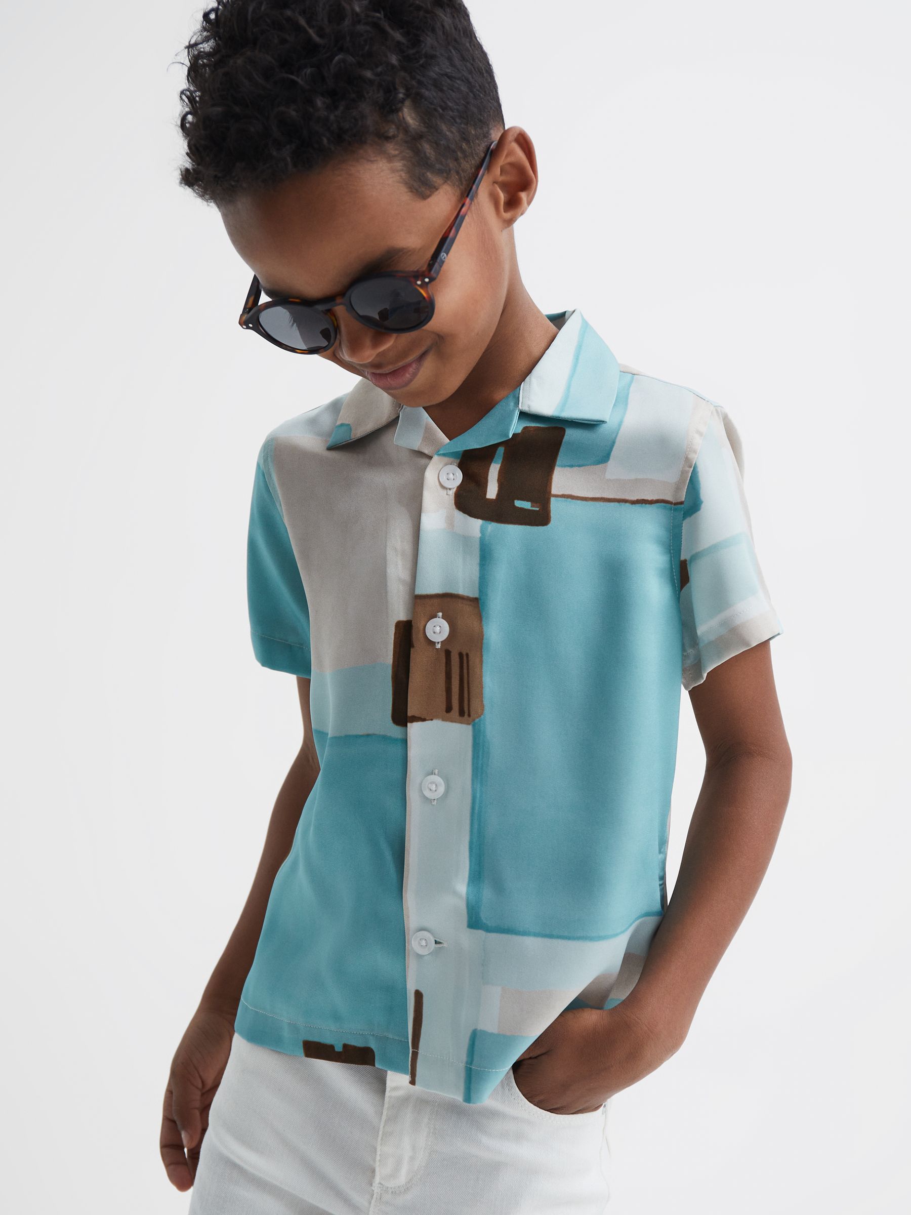 9-12 yrs Slim Fit Cuban Collar Abstract Print Shirt in Teal - Image 3 of 6