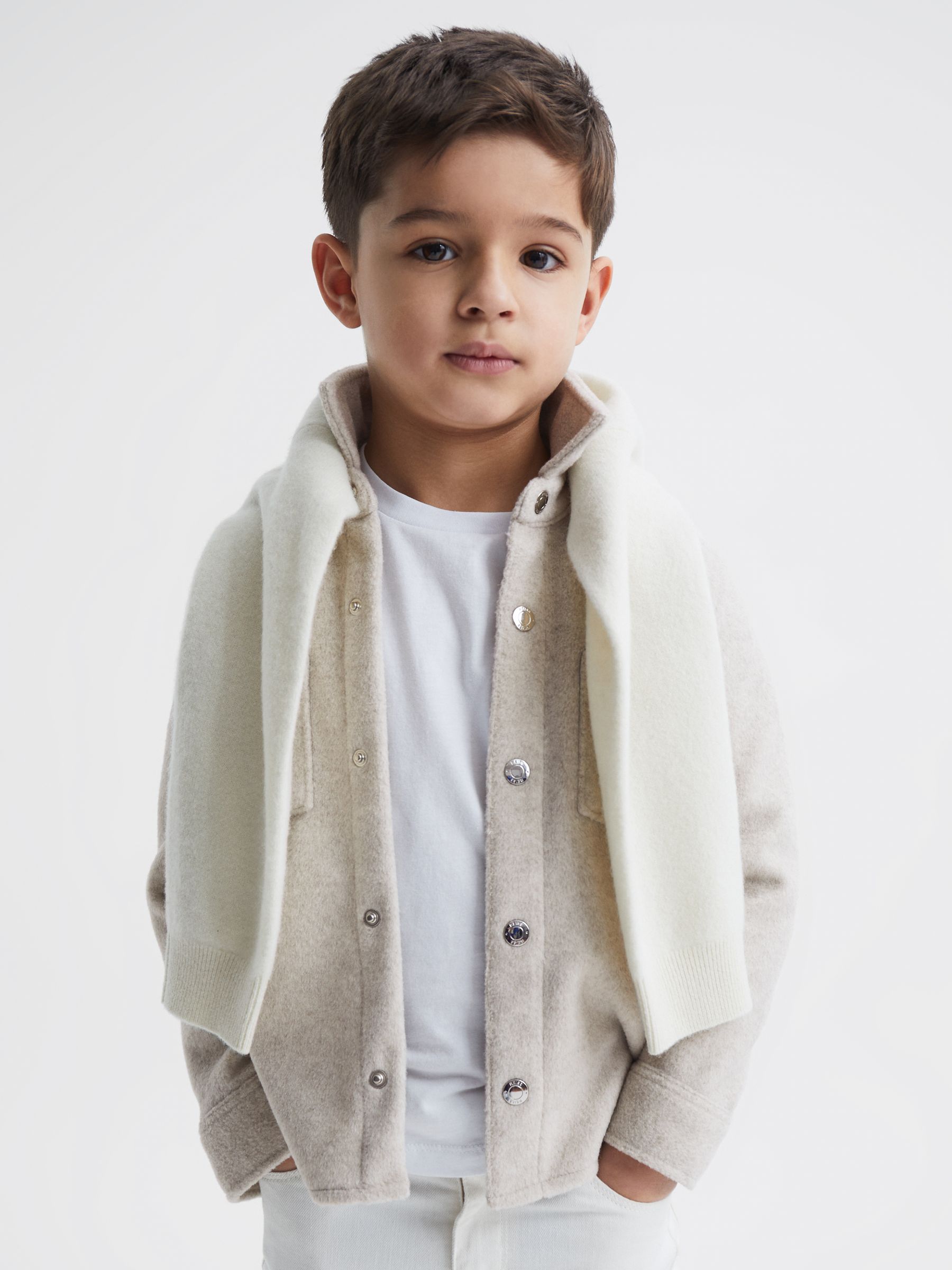 Junior Long Sleeve Press Stud Brushed Overshirt in Oatmeal - Image 3 of 7