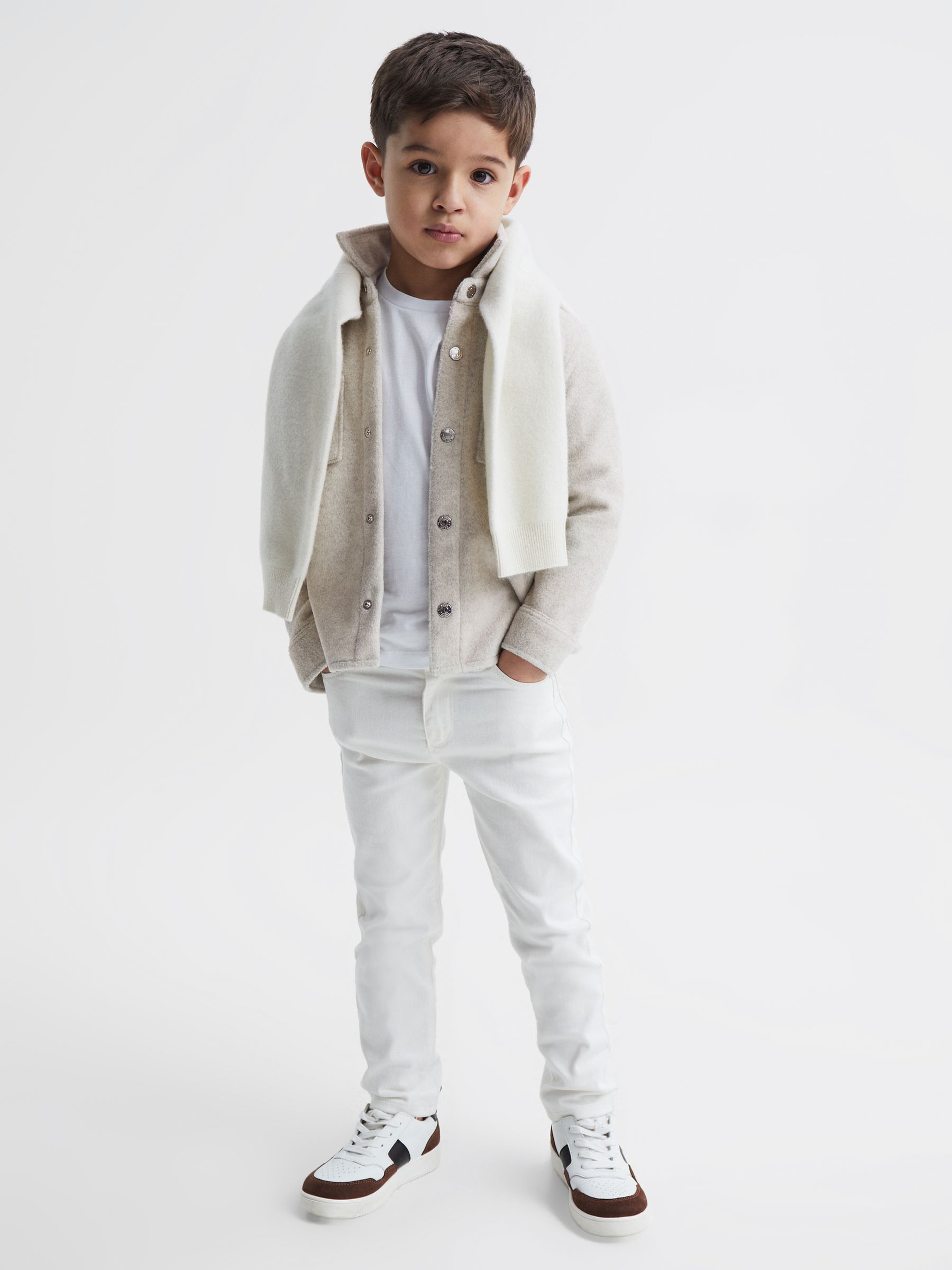 Junior Long Sleeve Press Stud Brushed Overshirt in Oatmeal - Image 4 of 7