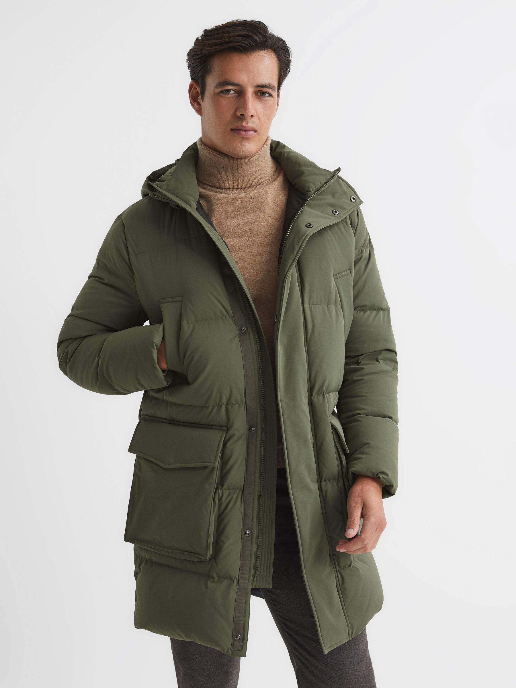 Hooded Mid Length Puffer Jacket in Khaki - Image 1 of 6