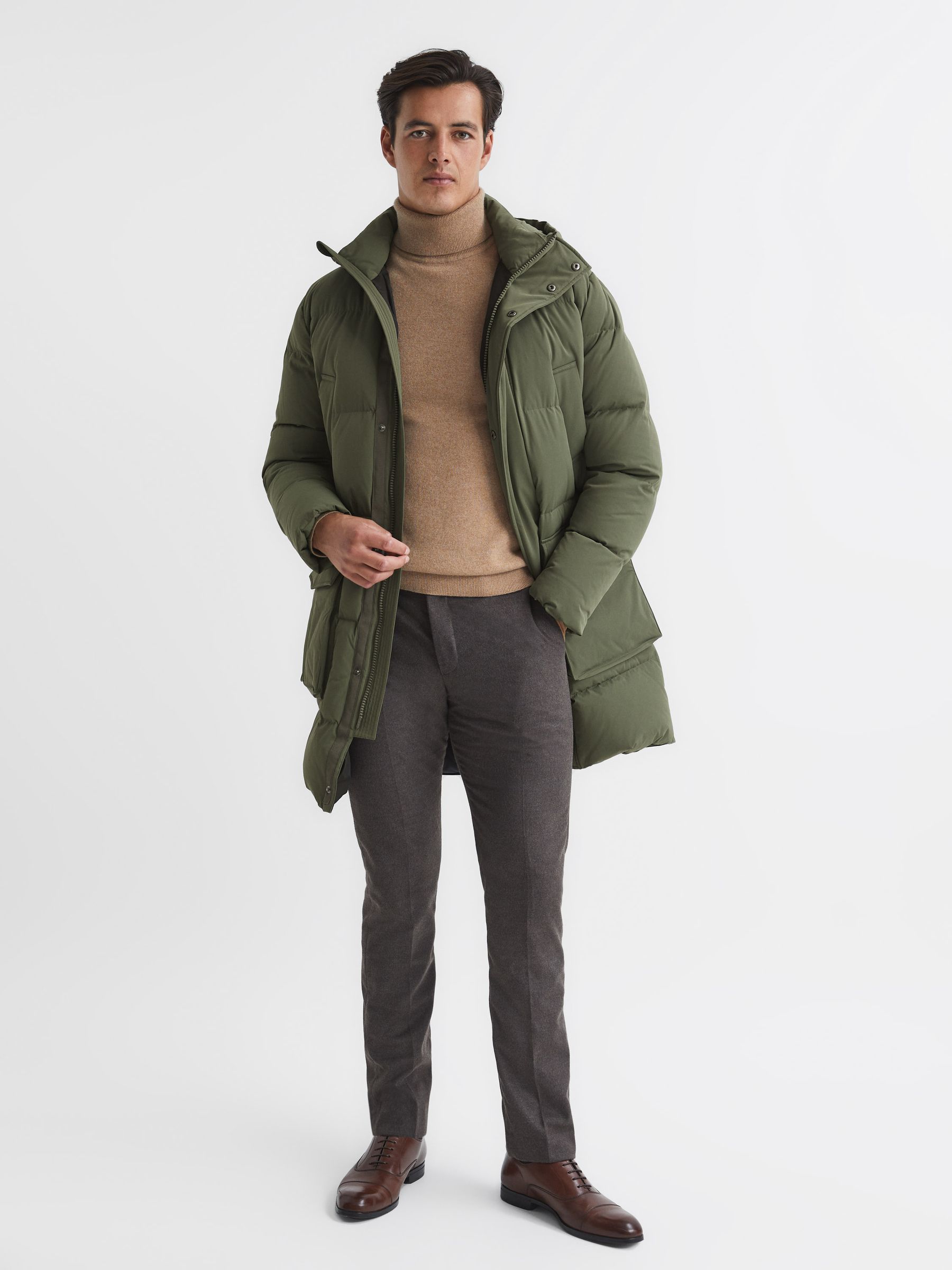 Hooded Mid Length Puffer Jacket in Khaki - Image 3 of 6