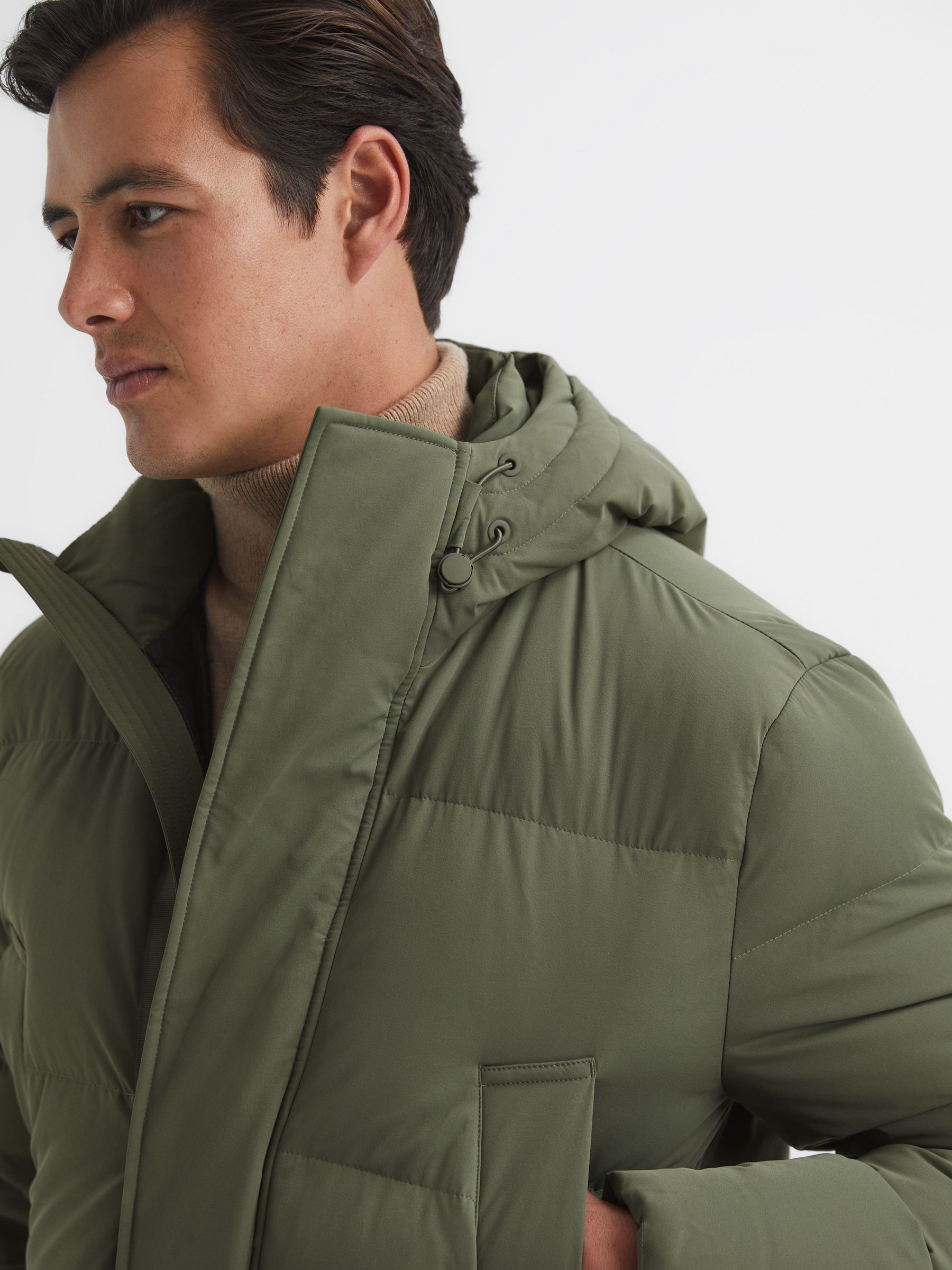 Hooded Mid Length Puffer Jacket in Khaki - Image 4 of 6