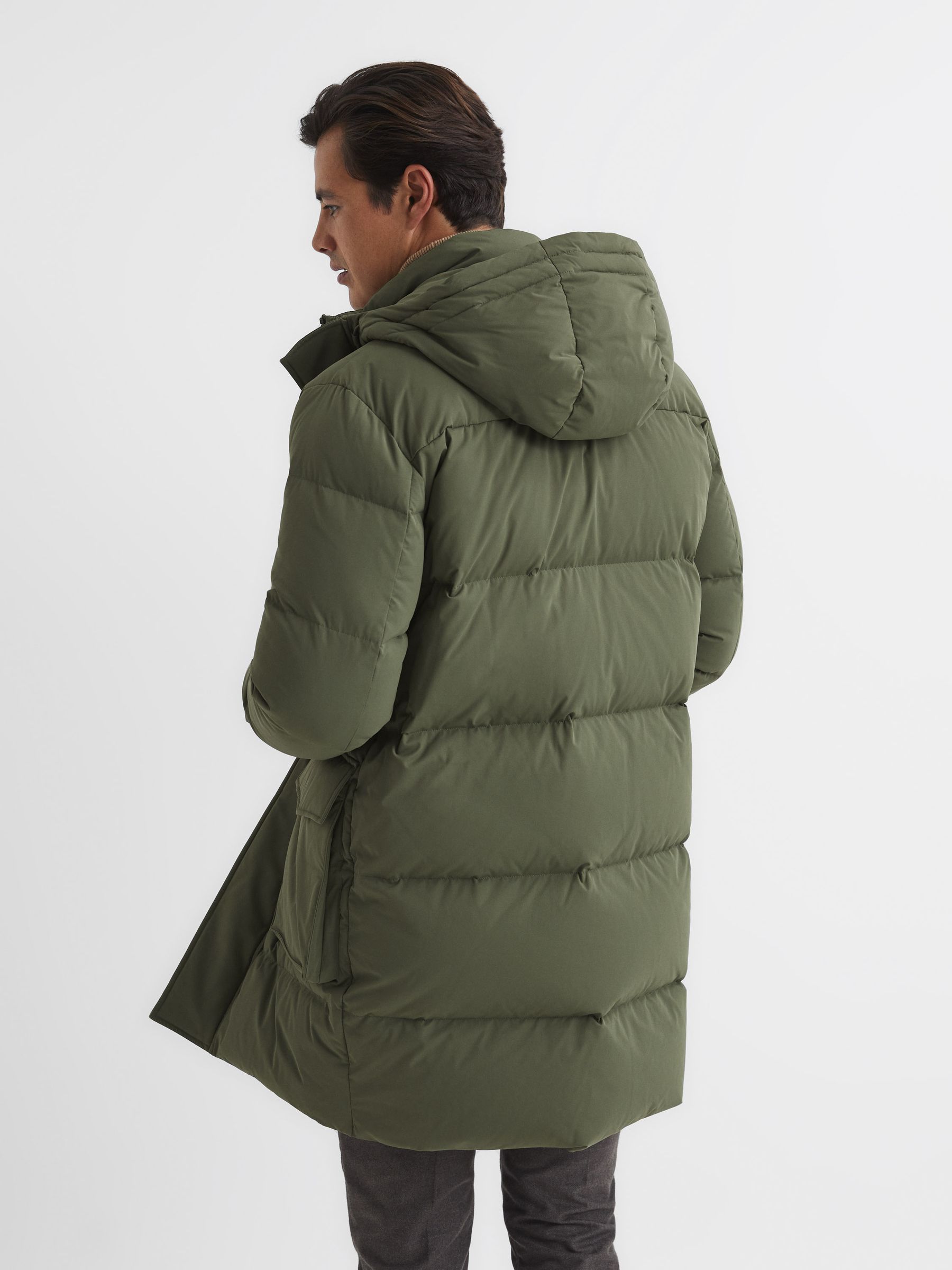Hooded Mid Length Puffer Jacket in Khaki - Image 5 of 6