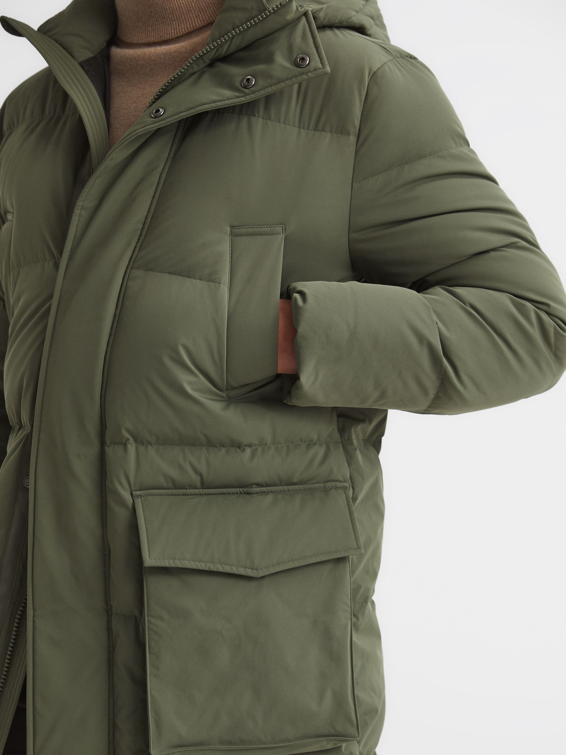 Hooded Mid Length Puffer Jacket in Khaki - Image 6 of 6