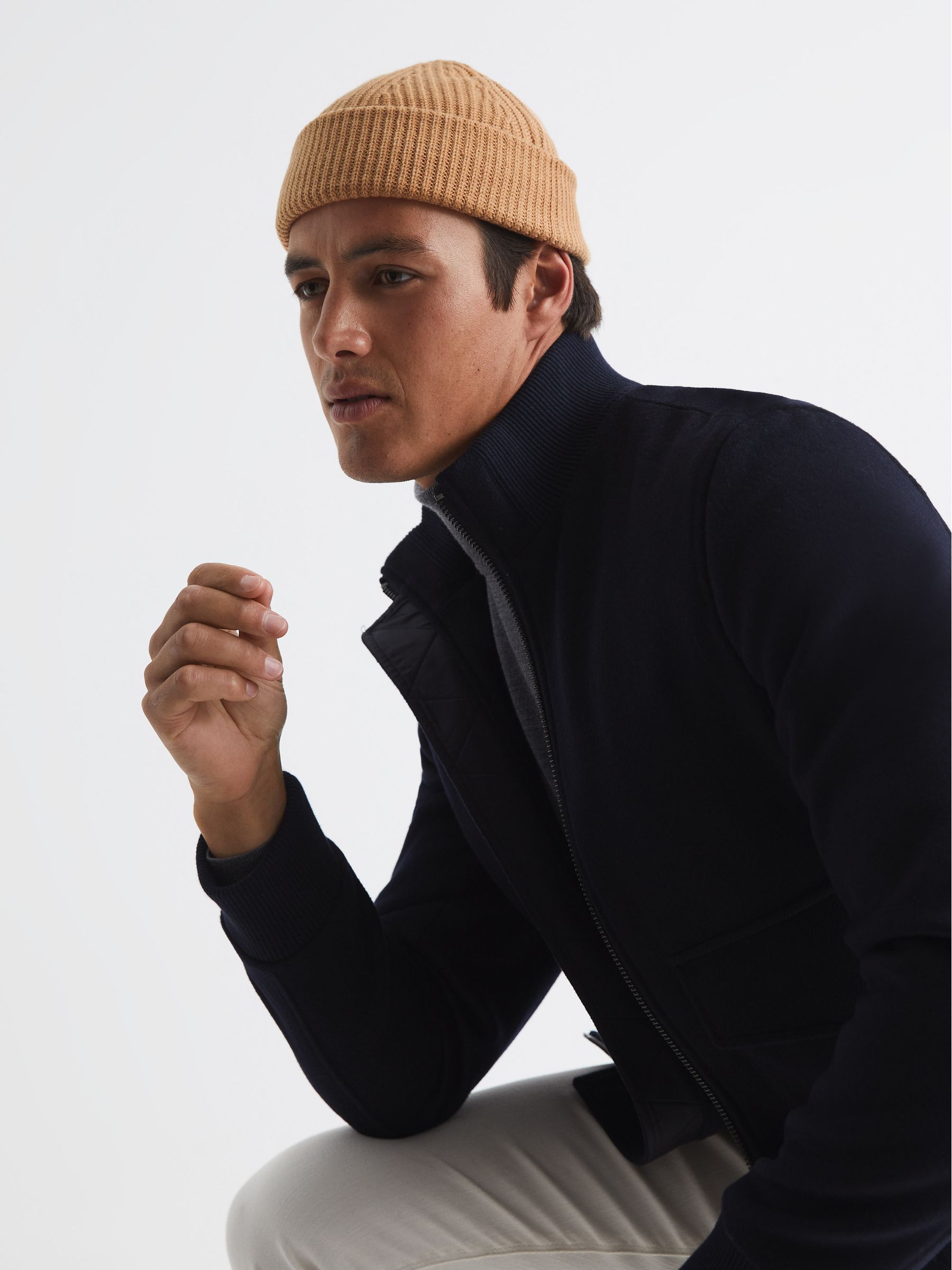 Wool Blend Beanie Hat in Camel - Image 3 of 4