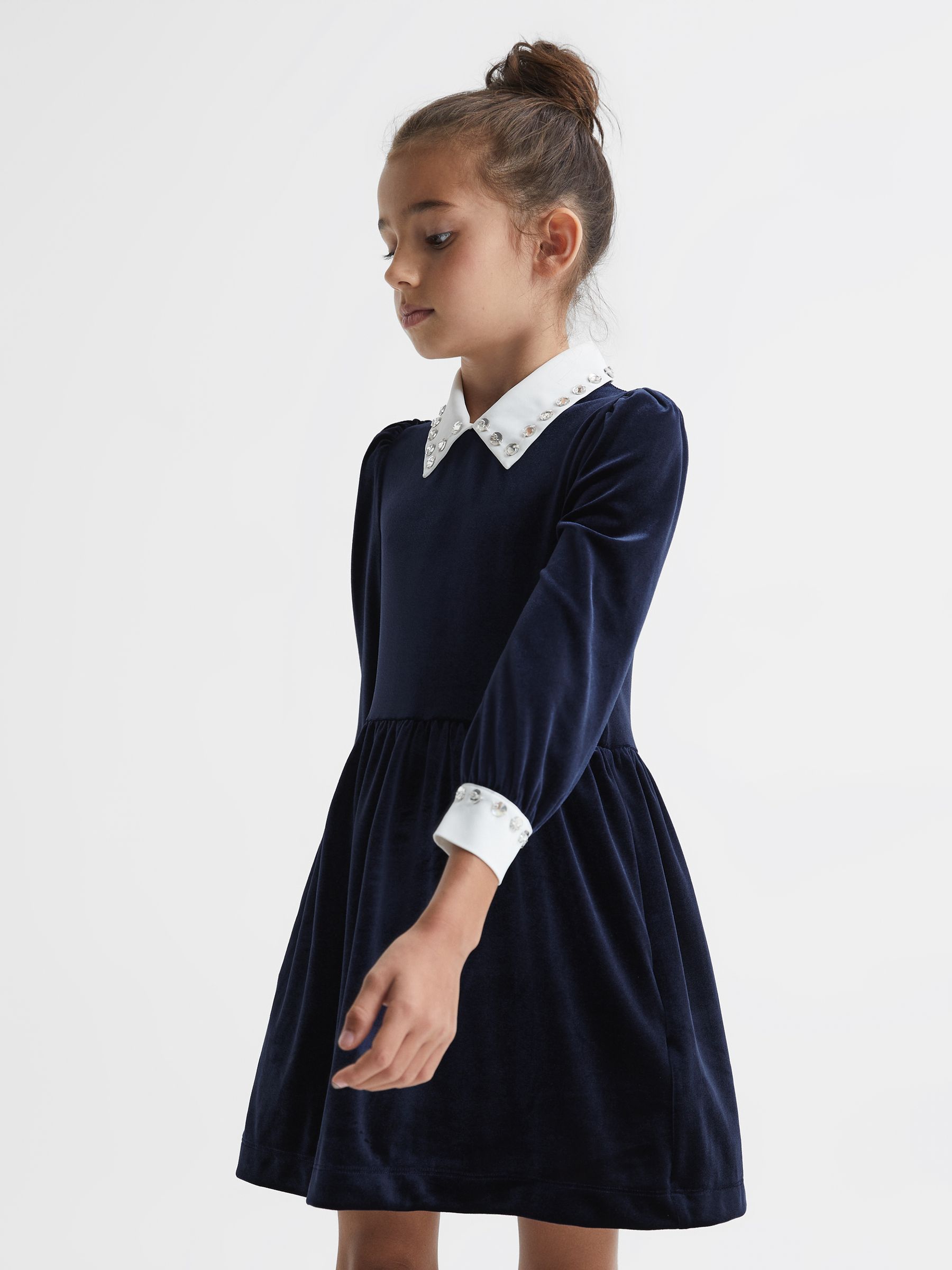 Junior Diamante Collar Velvet Dress in Navy - Image 1 of 7
