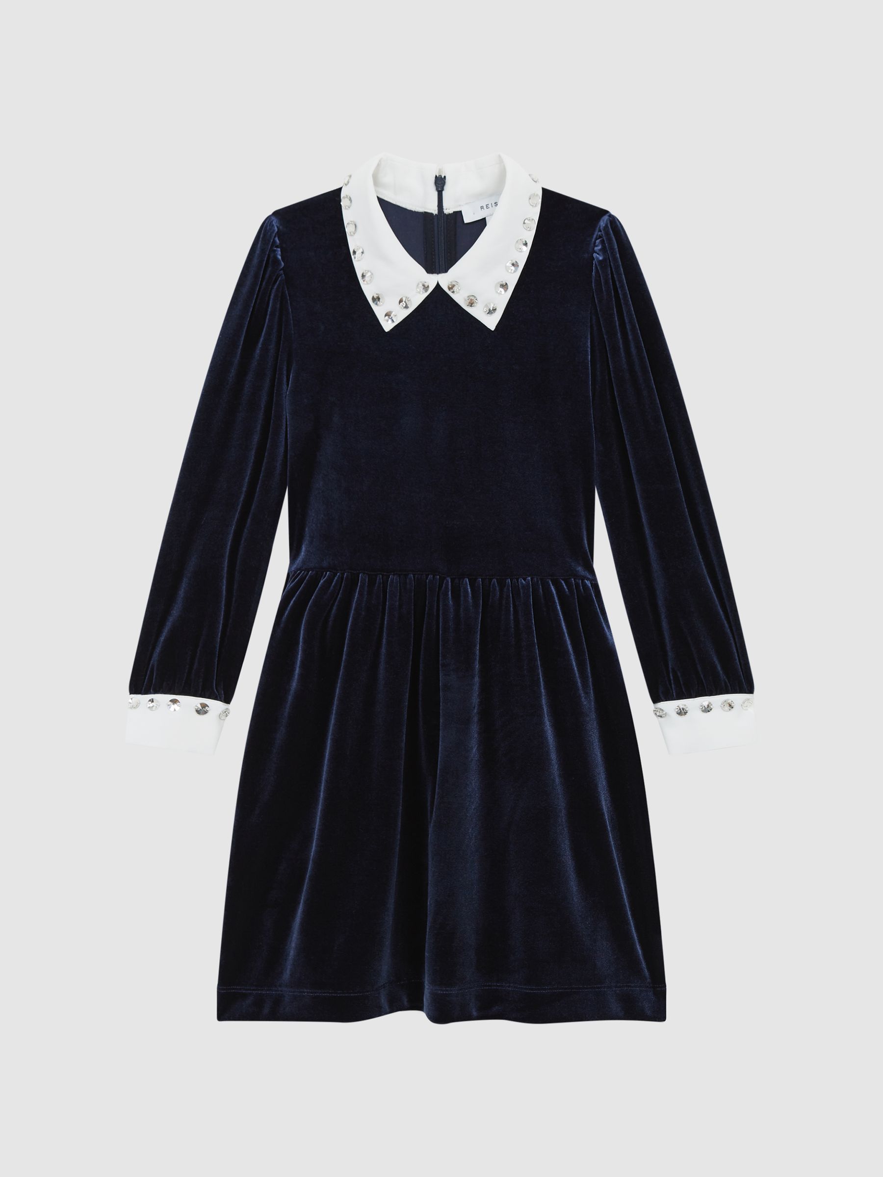 Junior Diamante Collar Velvet Dress in Navy - Image 2 of 7