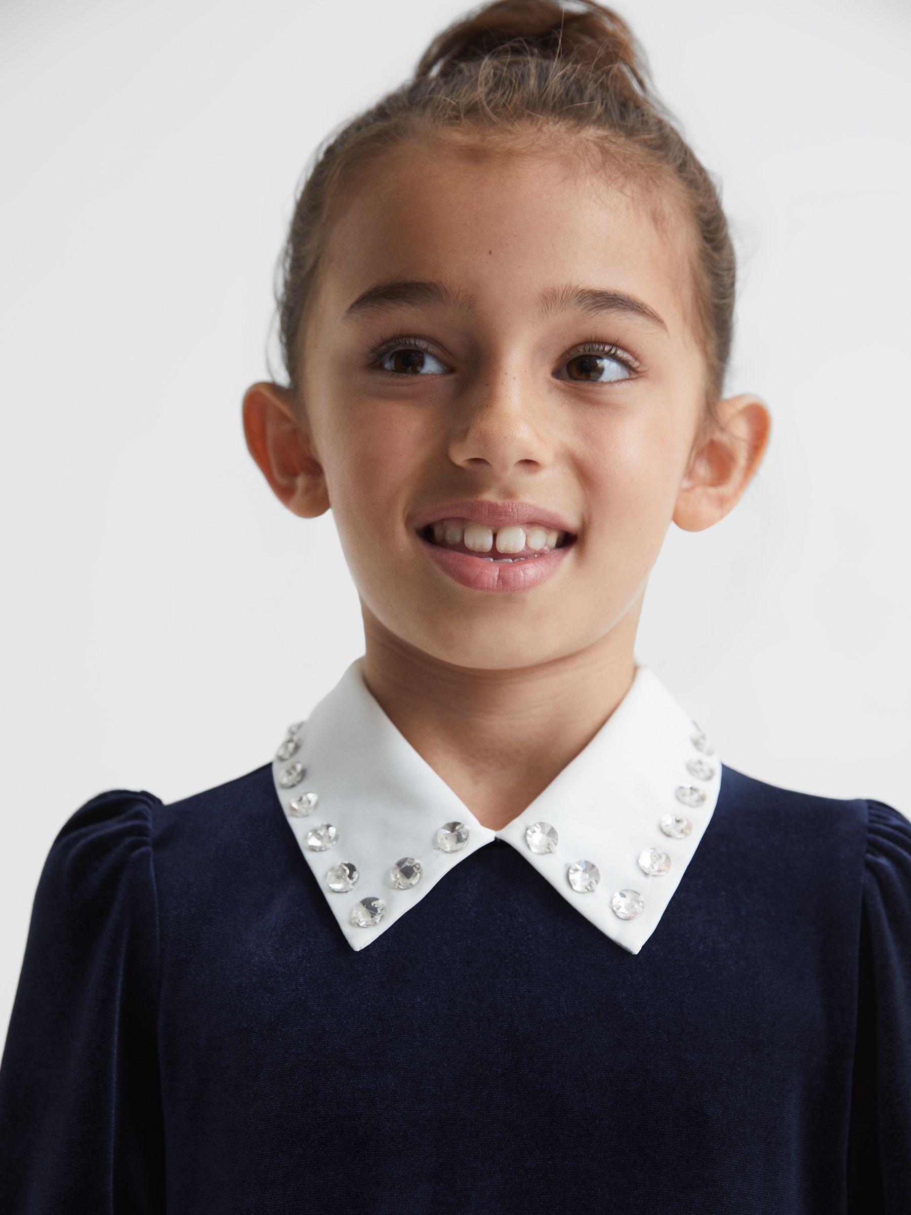 Junior Diamante Collar Velvet Dress in Navy - Image 3 of 7