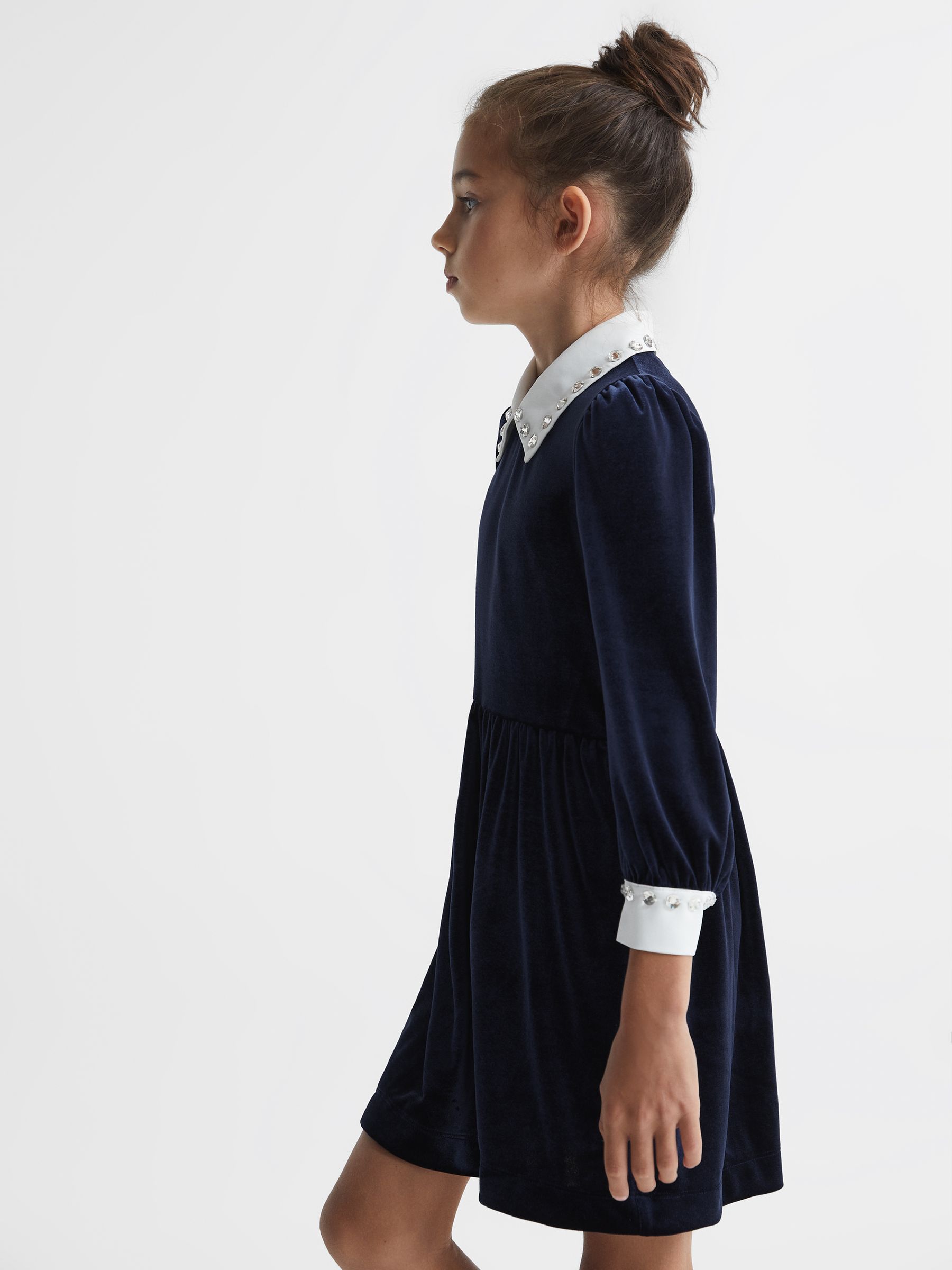 Junior Diamante Collar Velvet Dress in Navy - Image 4 of 7