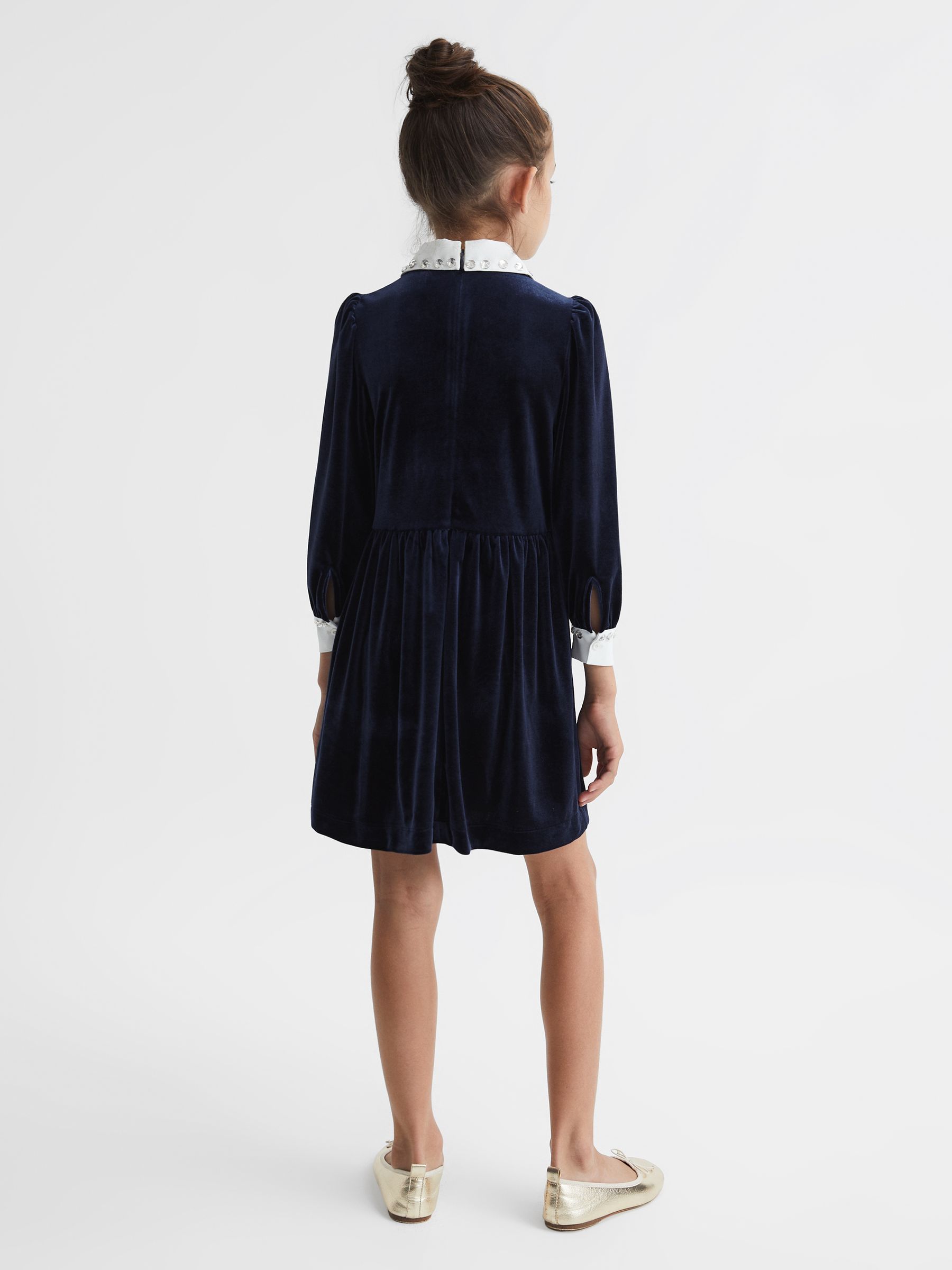Junior Diamante Collar Velvet Dress in Navy - Image 5 of 7