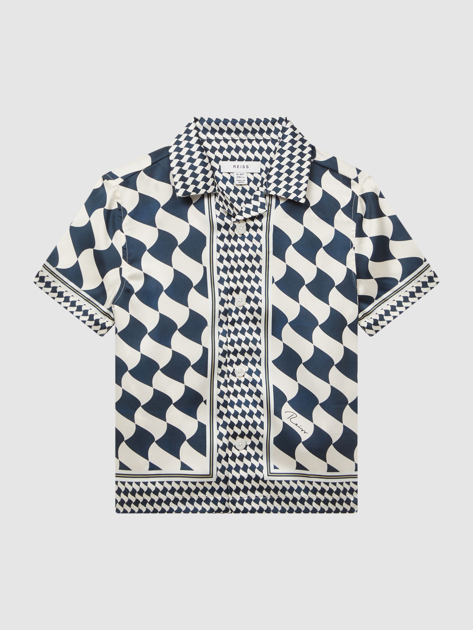 Junior Cuban Collar Short Sleeve Shirt in Navy/Ivory - Image 2 of 15