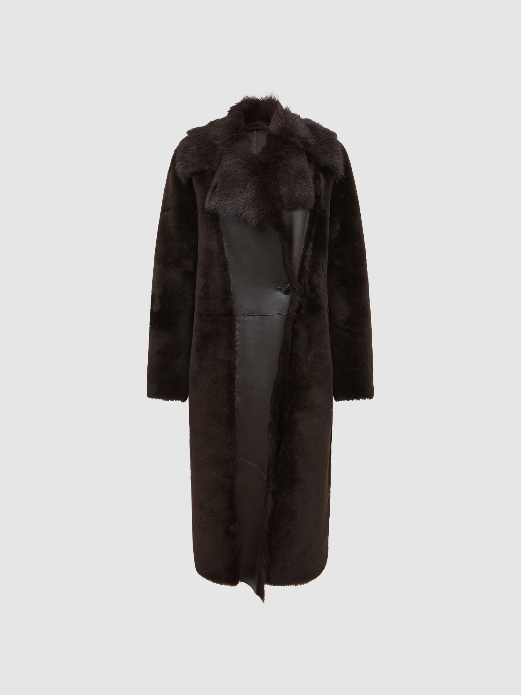 Reversible Longline Shearling Coat in Dark Aubergine - Image 2 of 8