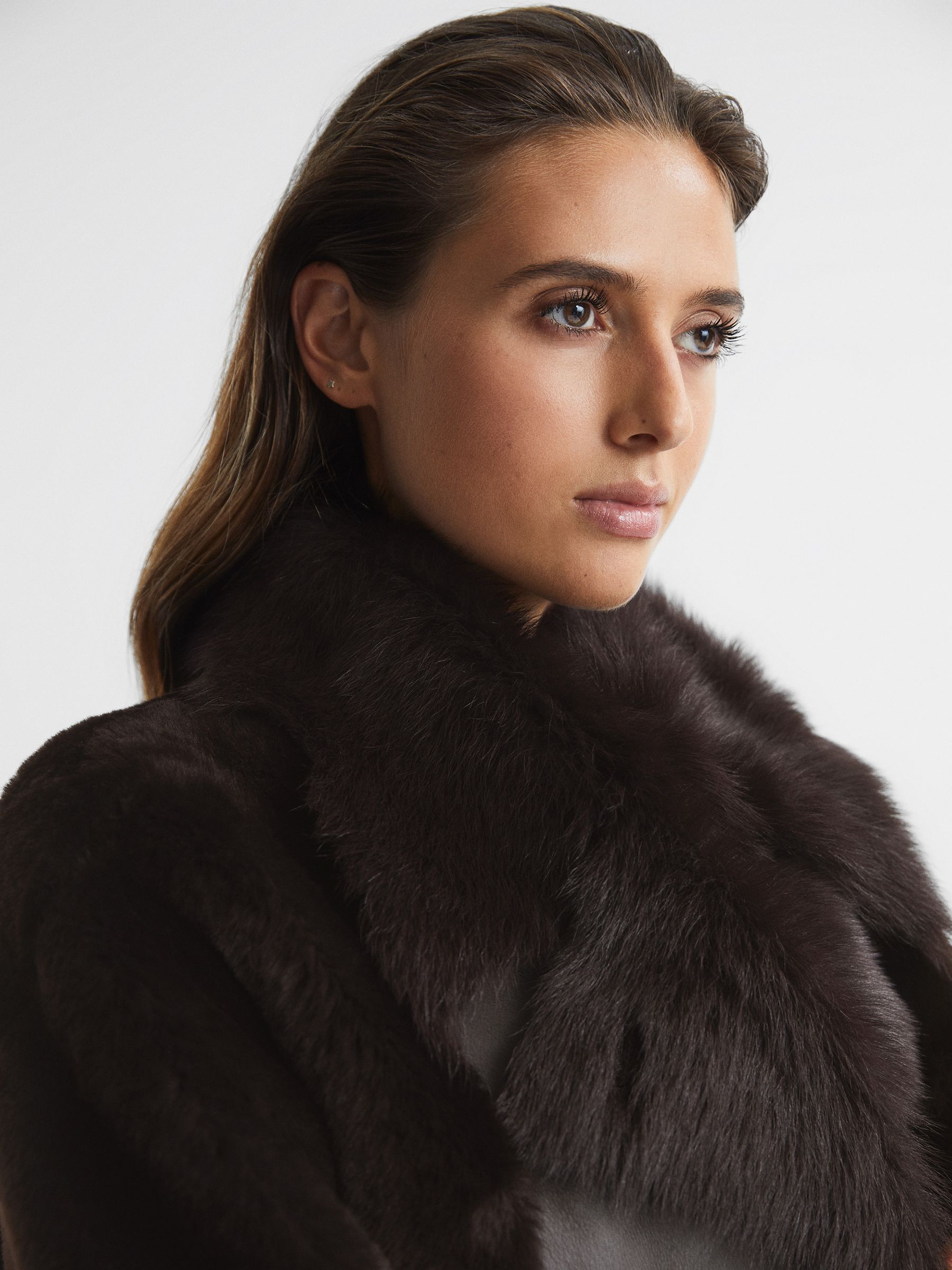 Reversible Longline Shearling Coat in Dark Aubergine - Image 4 of 8