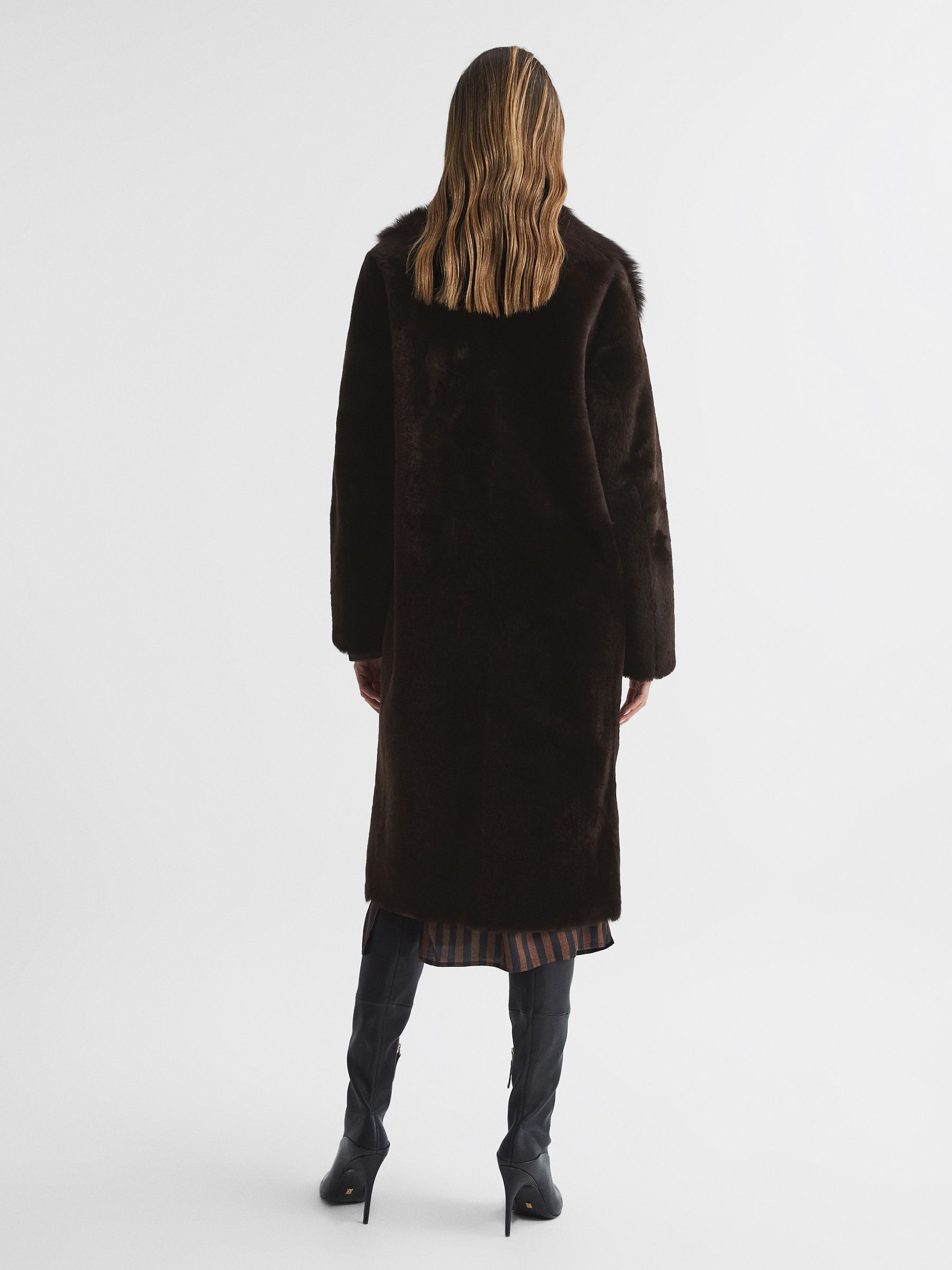 Reversible Longline Shearling Coat in Dark Aubergine - Image 5 of 8