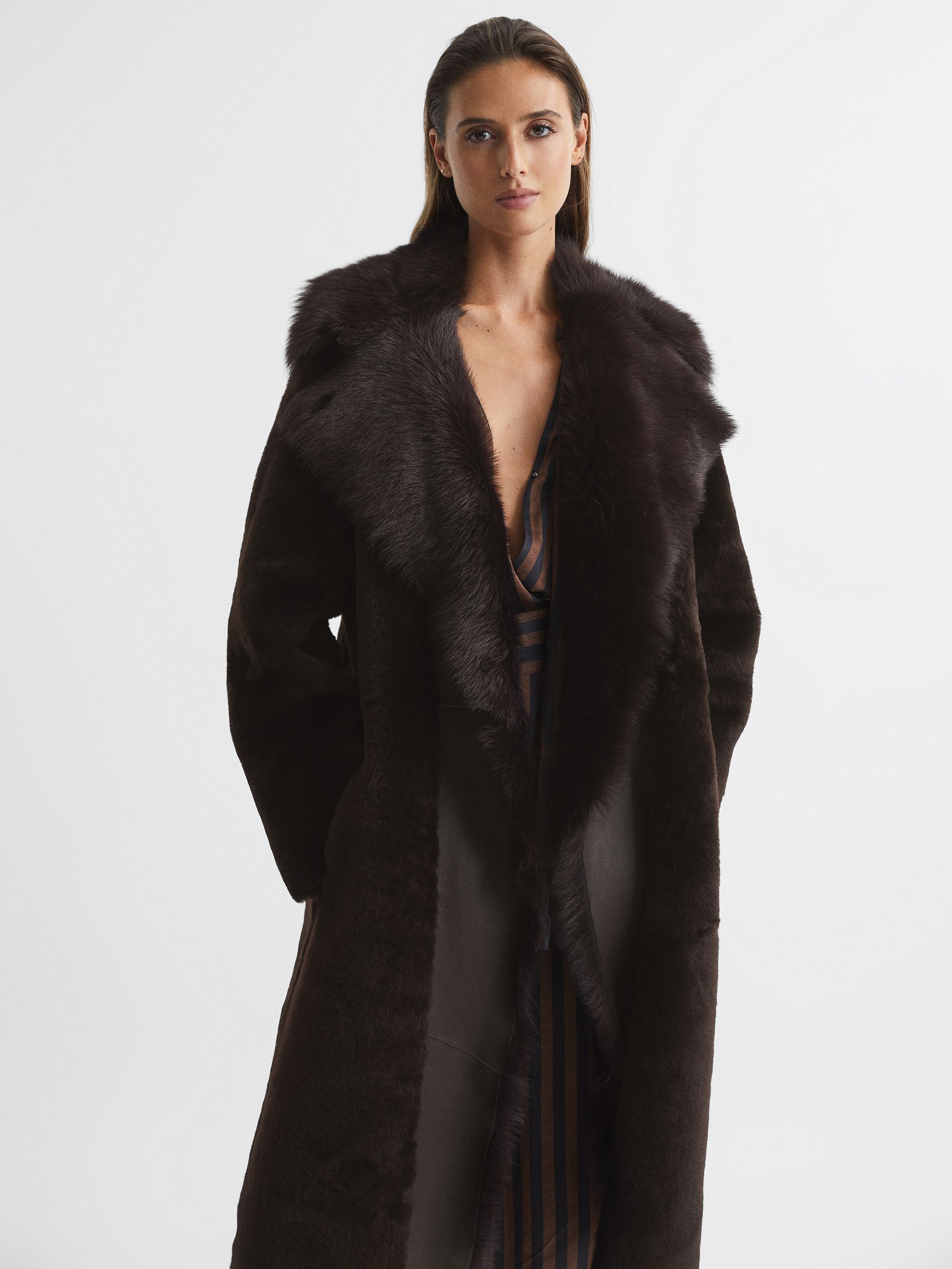 Reiss Reversible Longline Shearling Coat in Dark Aubergine Reiss Reversible Longline Shearling Coat in Dark Aubergine