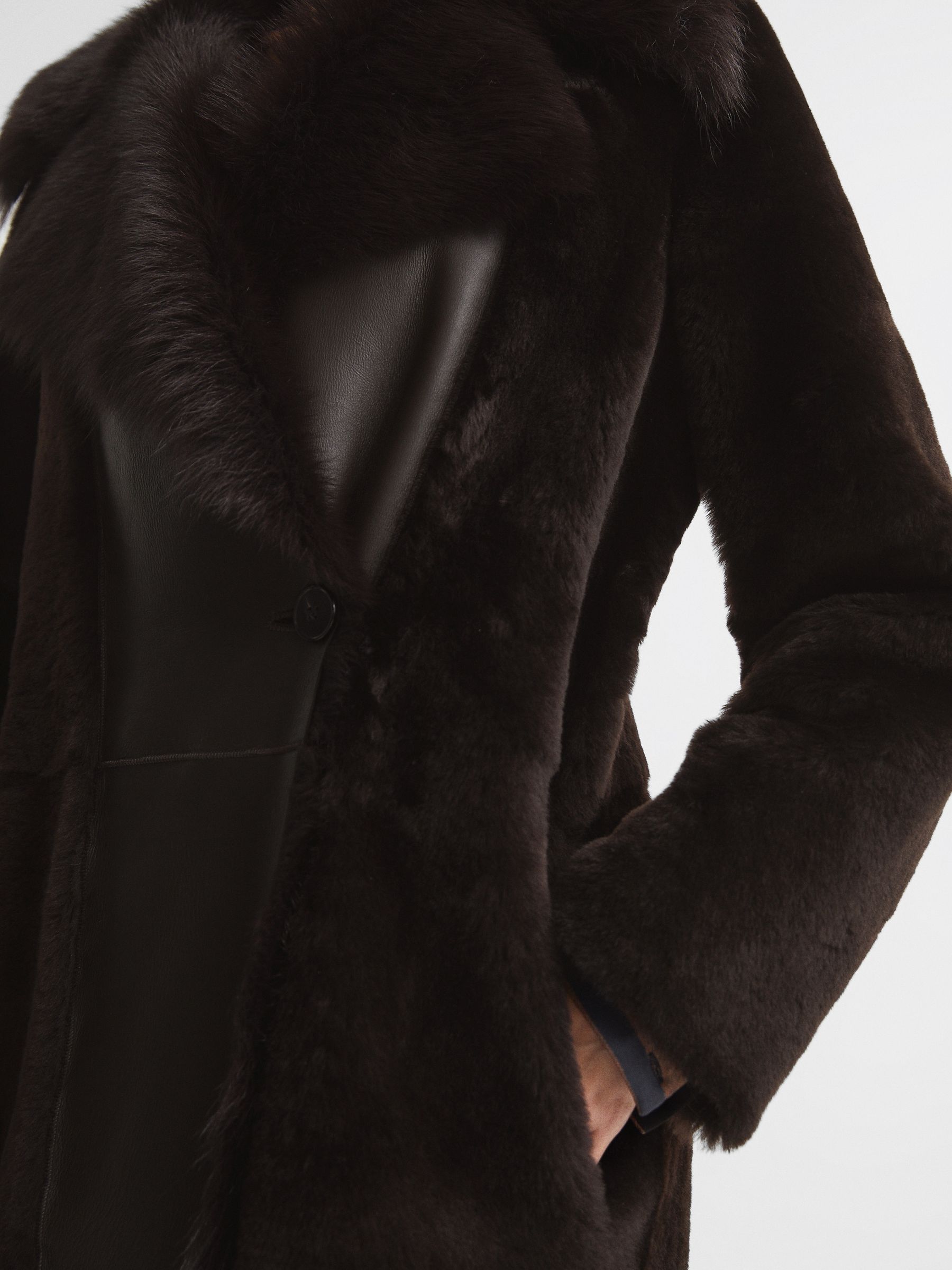 Reversible Longline Shearling Coat in Dark Aubergine - Image 8 of 8