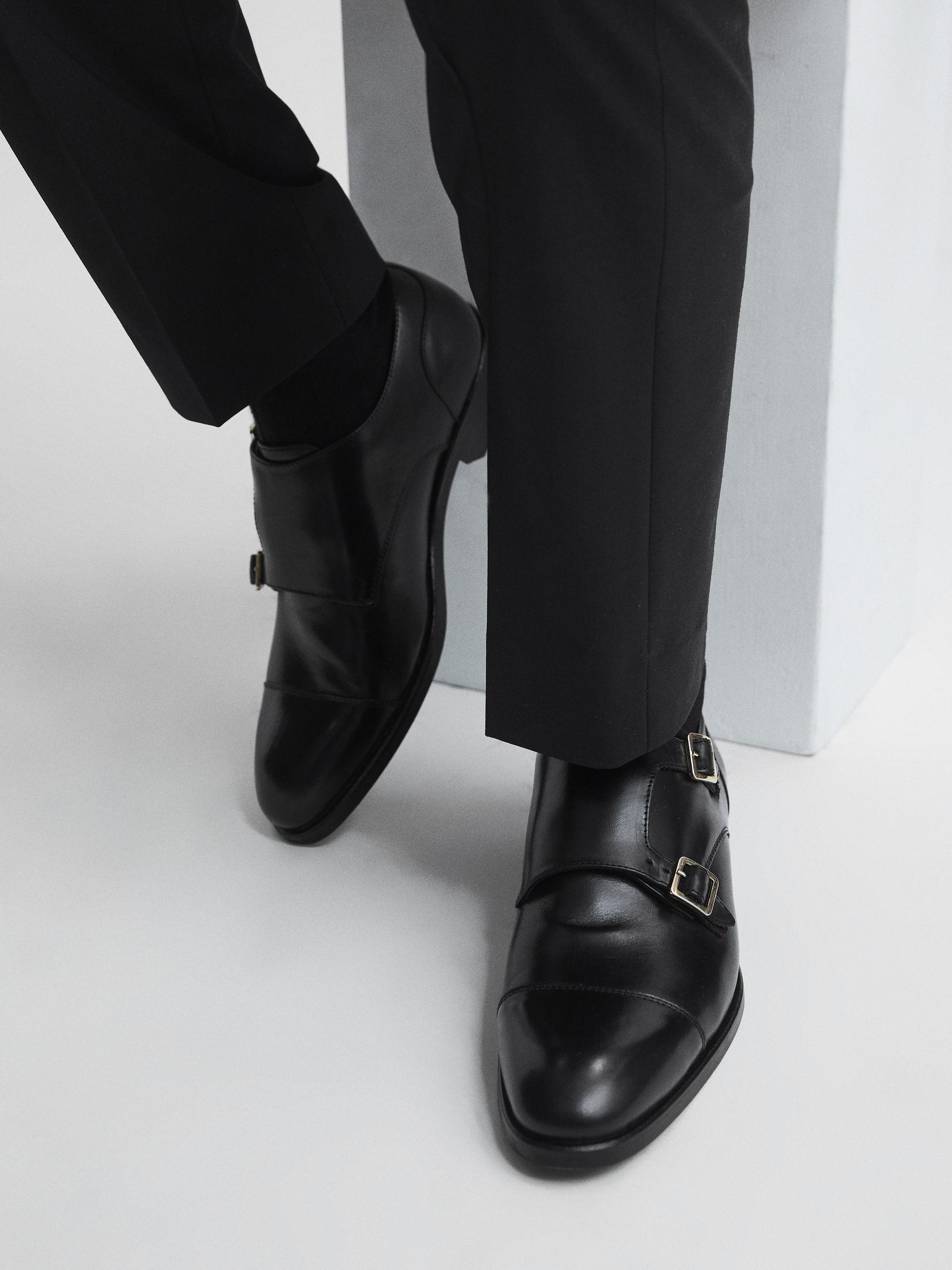 Leather Monk Strap Shoes in Black - Image 2 of 6