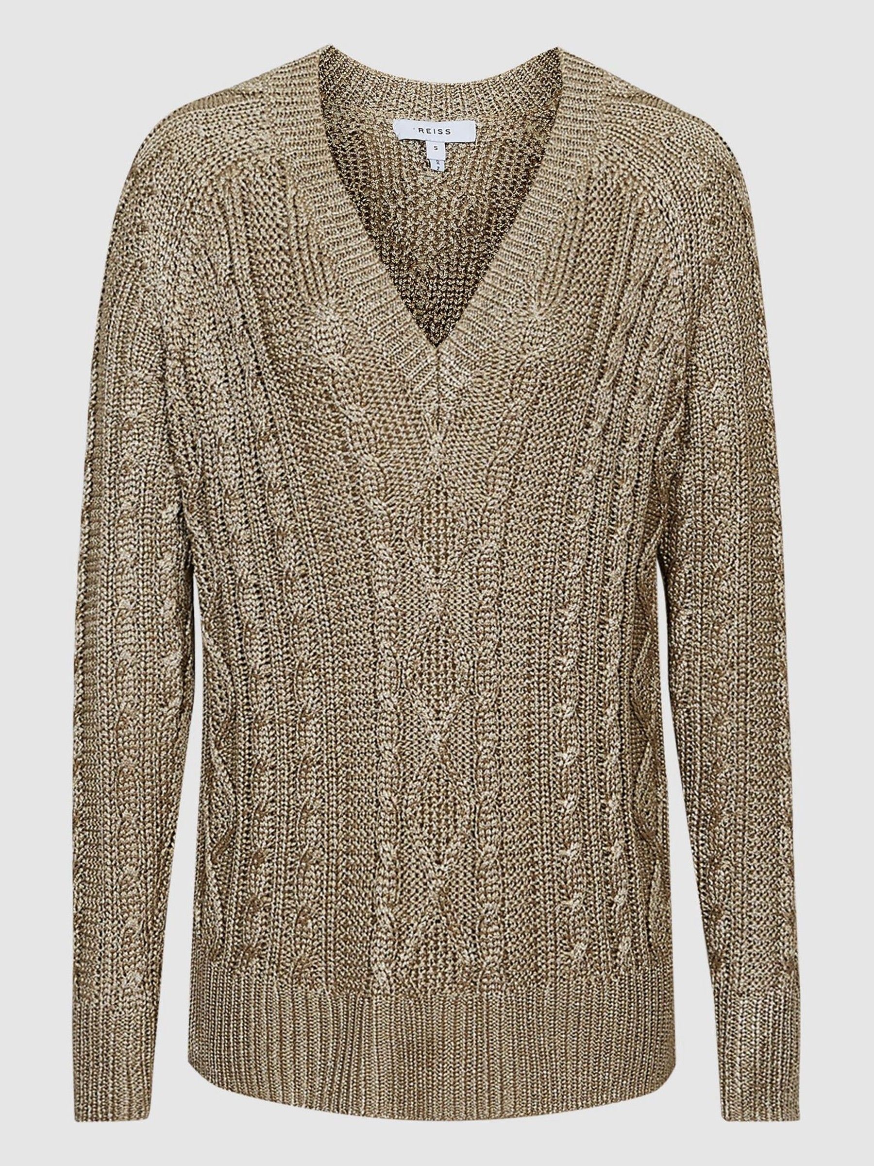 V-Neck Cable Knit Jumper in Gold - Image 2 of 7