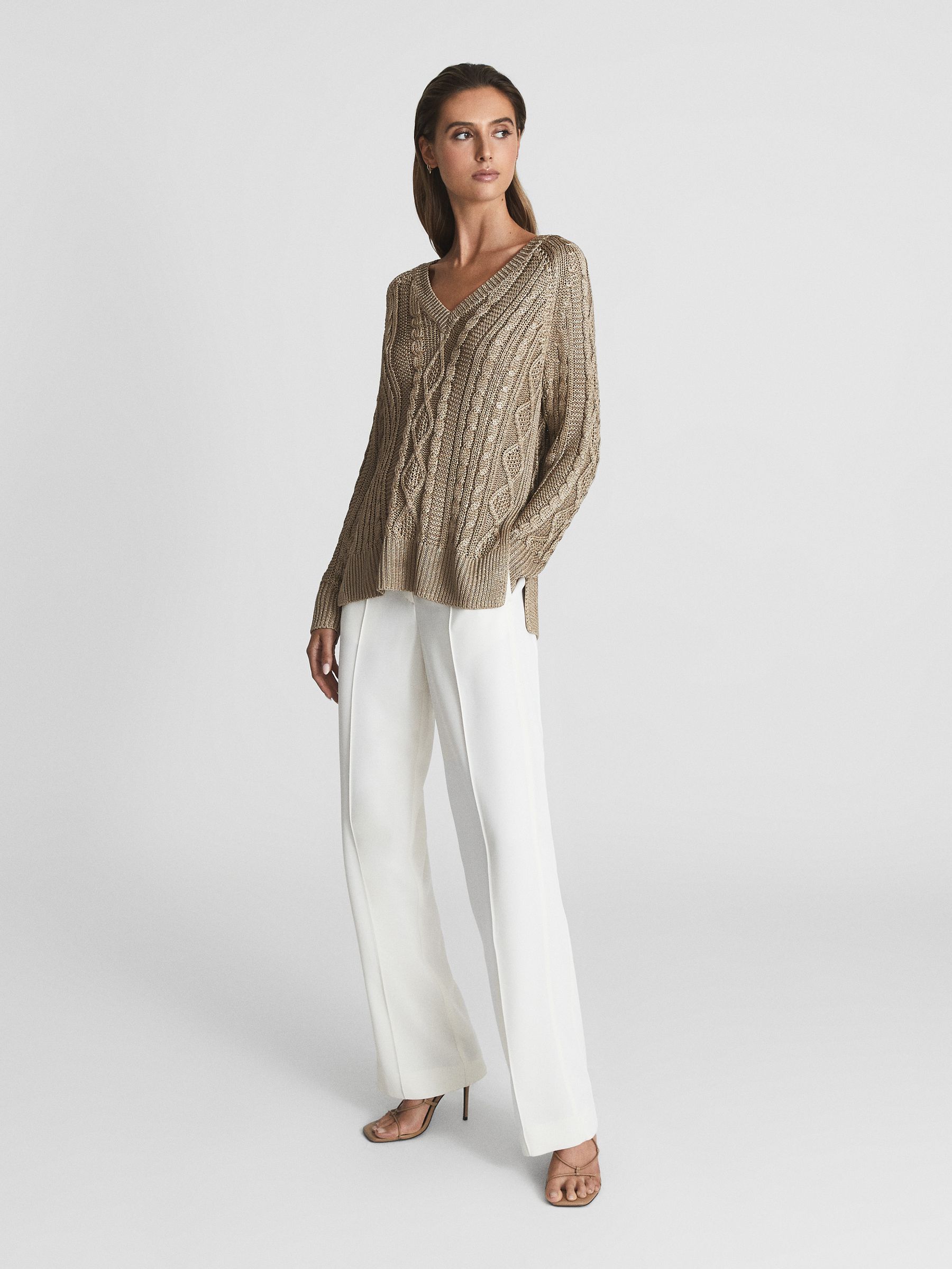 V-Neck Cable Knit Jumper in Gold - Image 3 of 7