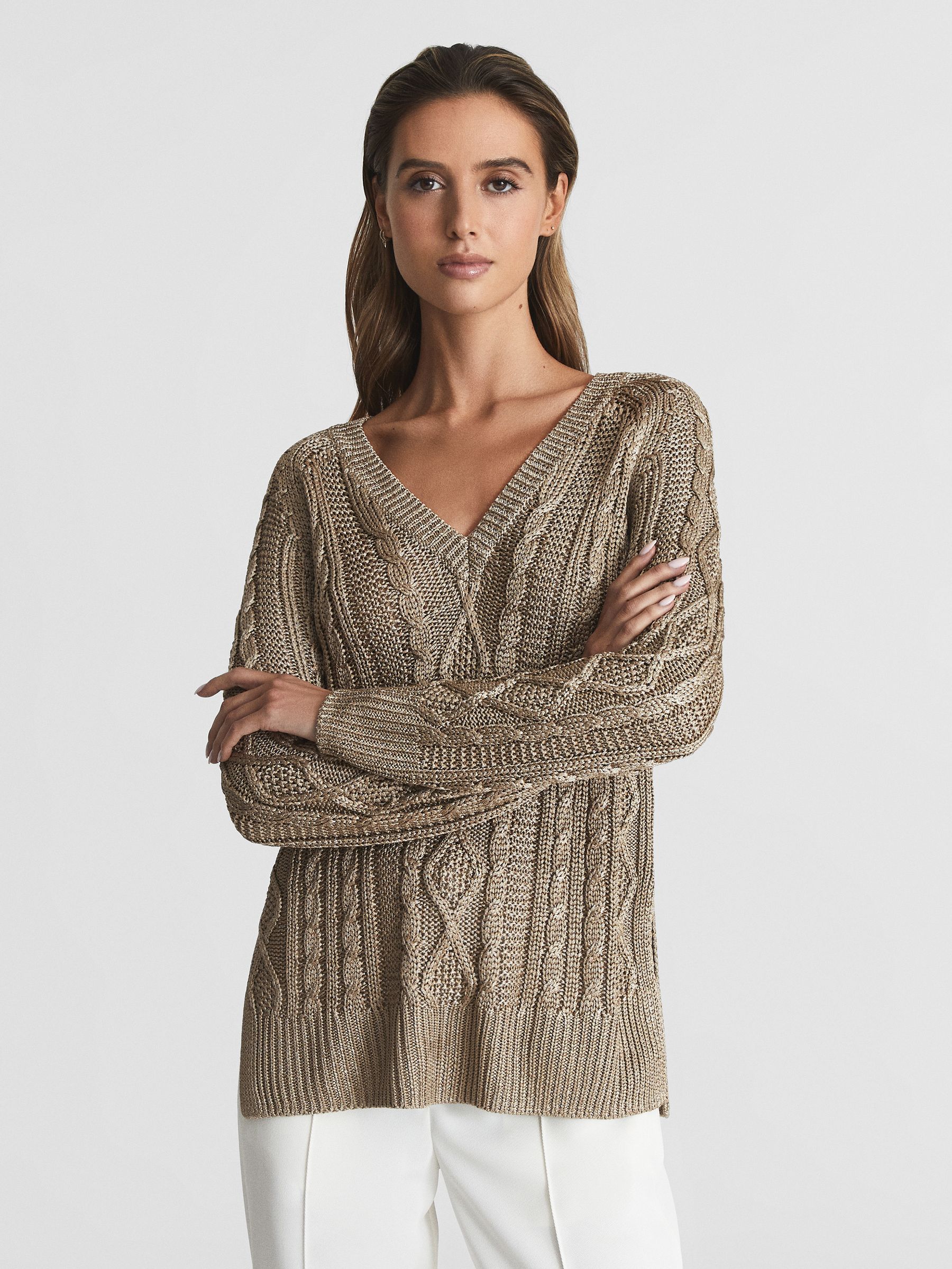 V-Neck Cable Knit Jumper in Gold - Image 4 of 7